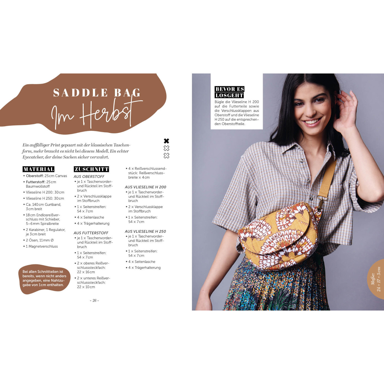 Bauchtasche nähen von Edition Michael Fischer  Bauchtasche nähen: Frau trägt eine stilvolle, gemusterte Saddle Bag in warmen Herbsttönen.