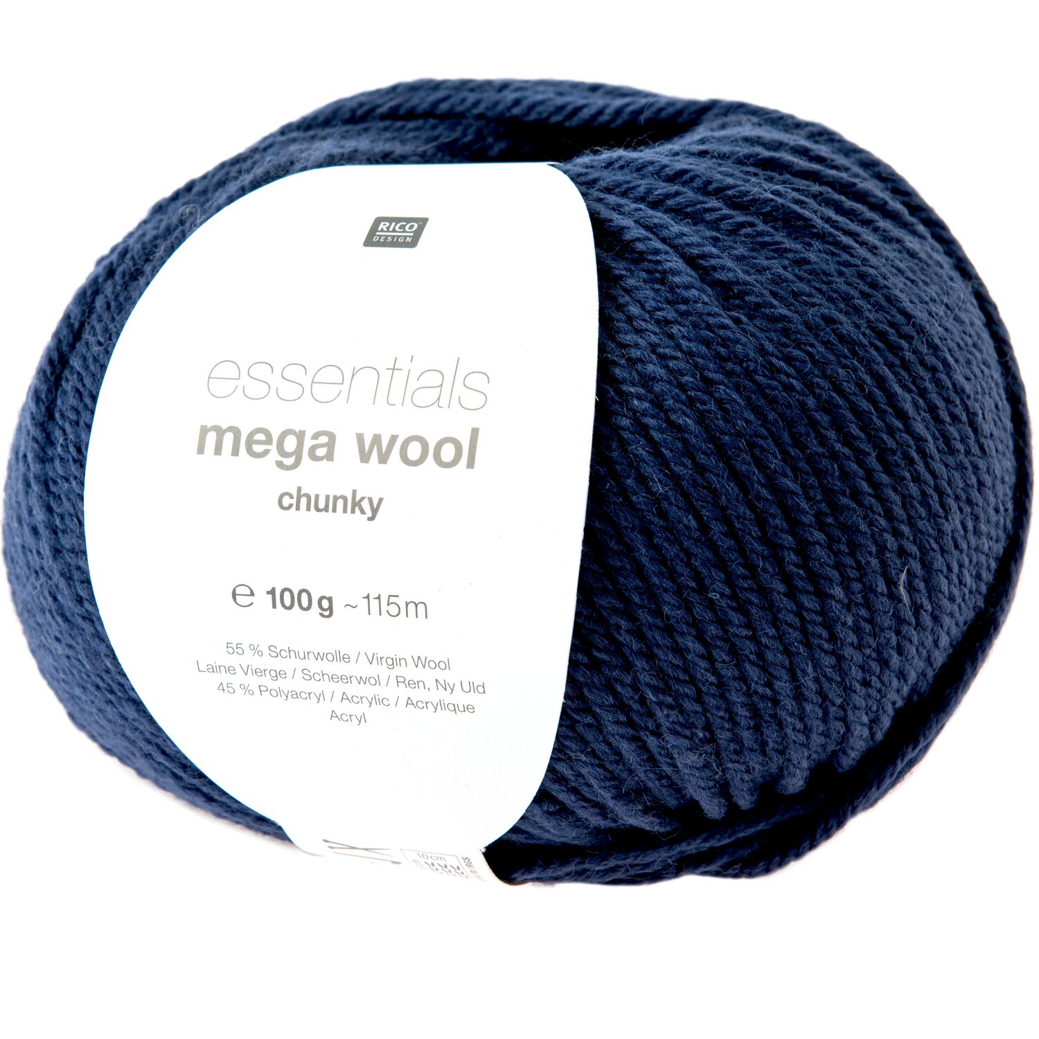 Essentials Mega Wool chunky, Rico Design Knäuel aus dicker Wolle in dunklem Blau mit Banderole, Lauflänge 100g 115m für warme Strickprojekte