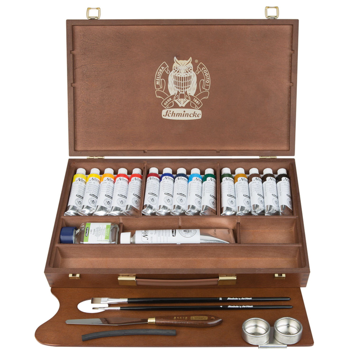 Norma Professional Holzkasten Set, 15x35ml, hochwertiger Schmincke Malkasten aus Holz mit sortierten Ölfarben, Zubehörfächern, Pinseln und Metallnäpfchen
