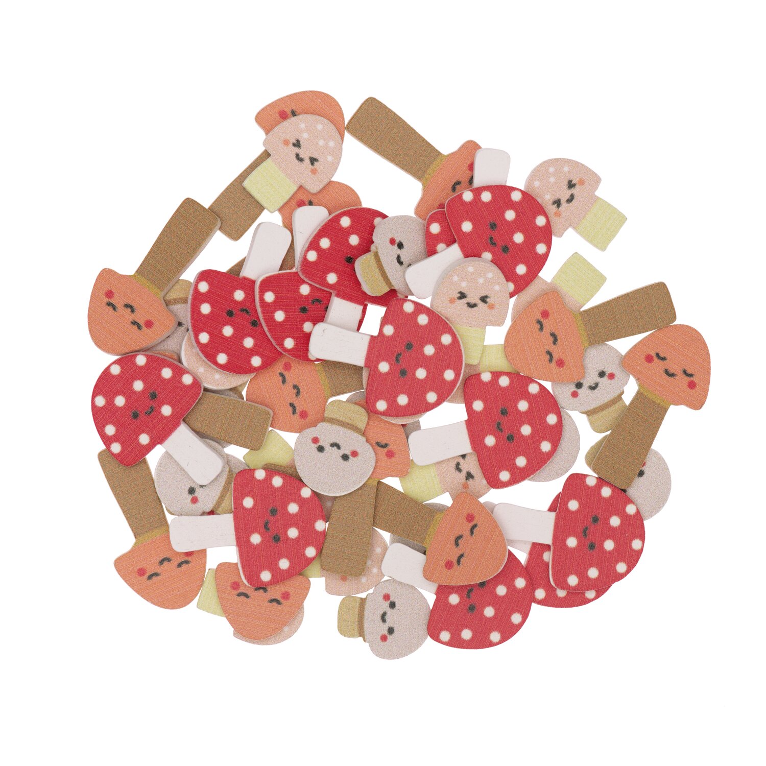 Holzstreu Pilze Mix bunt 48 Stück: Bunte Holzpilze in Rot, Orange und Beige, ideal für kreative Dekorationen.
