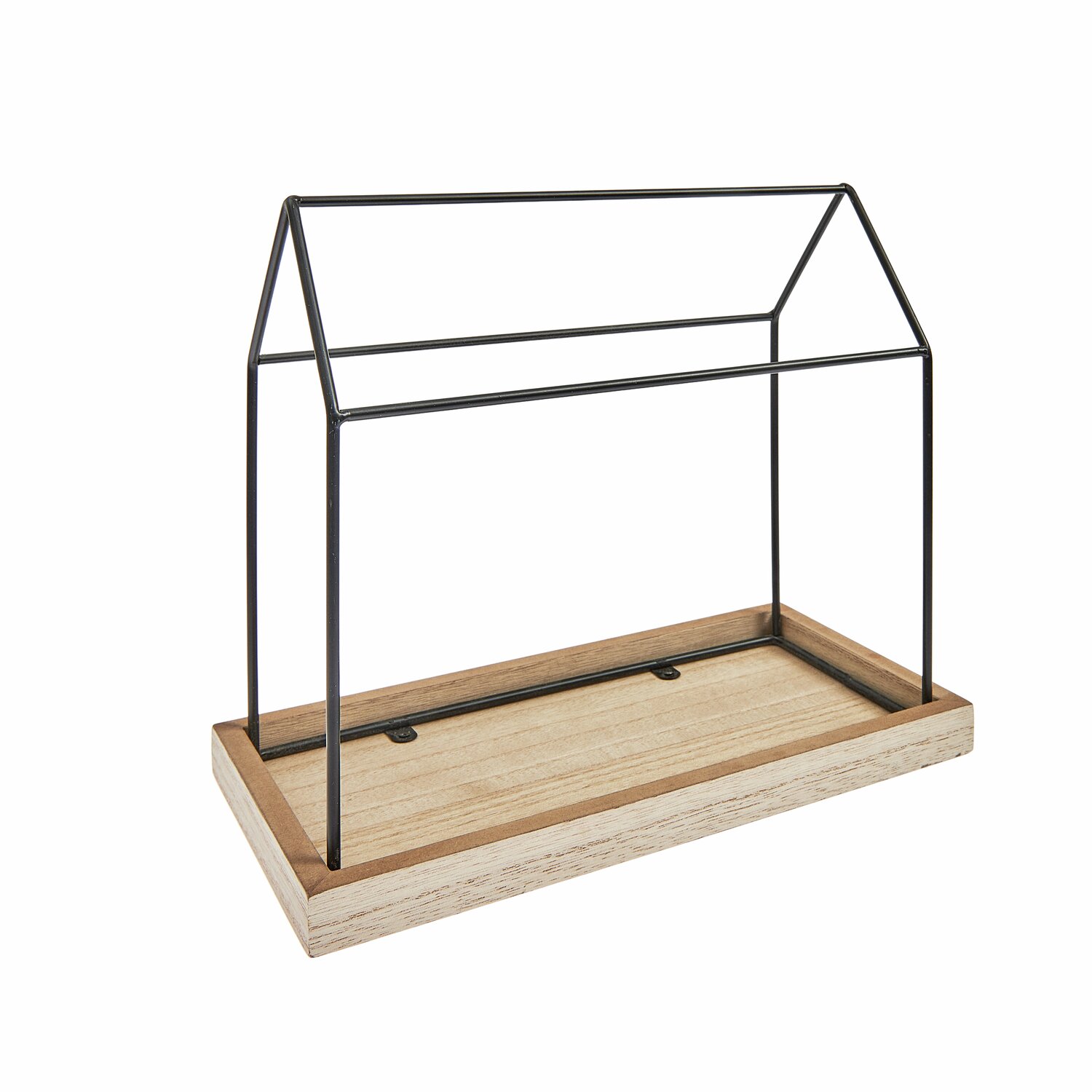 Metall Haus mit Holzboden: Schwarzes Metallgestell auf hellem Holzsockel von Rico Design. Ideal für Dekoration.