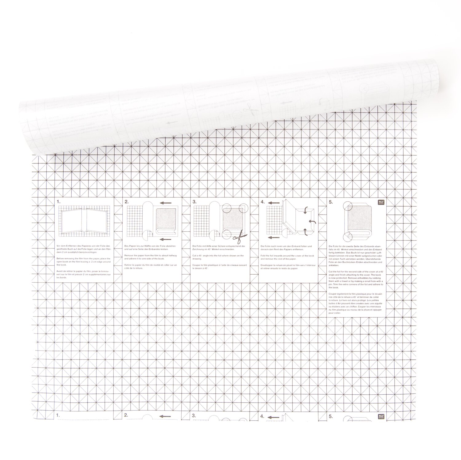 Buchfolie transparent selbstklebend 200x45cm von Rico Design, aufgerollte Schutzfolie mit Rasterlinien und bebilderter Anleitung zur einfachen Buchumschlag-Gestaltung