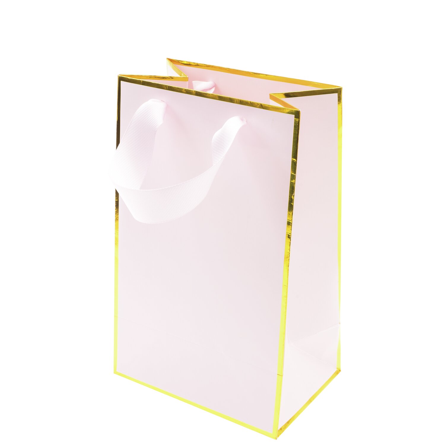 Paper Poetry Geschenktasche rosa mit goldenen Rändern und weißen Griffen, ideal für stilvolle Geschenke.