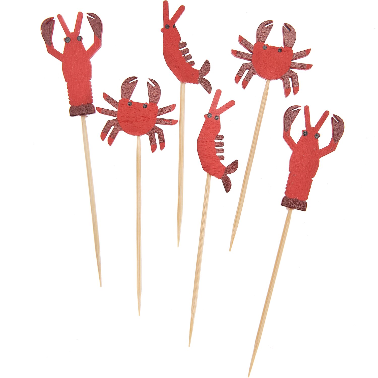 Deko-Picker Meerestiere Mix rot 7-8cm 6 Stück: Sechs rote Meerestier-Picker aus Holz, ideal für Partydekorationen.