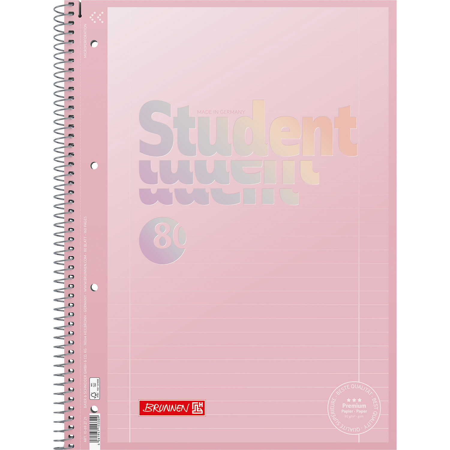 Collegeblock Pastell Rosa liniert 90g, Spiralblock von Brunnen mit 80 Blatt A4, deckendes pastellfarbenes Cover mit schimmernder Student-Aufschrift