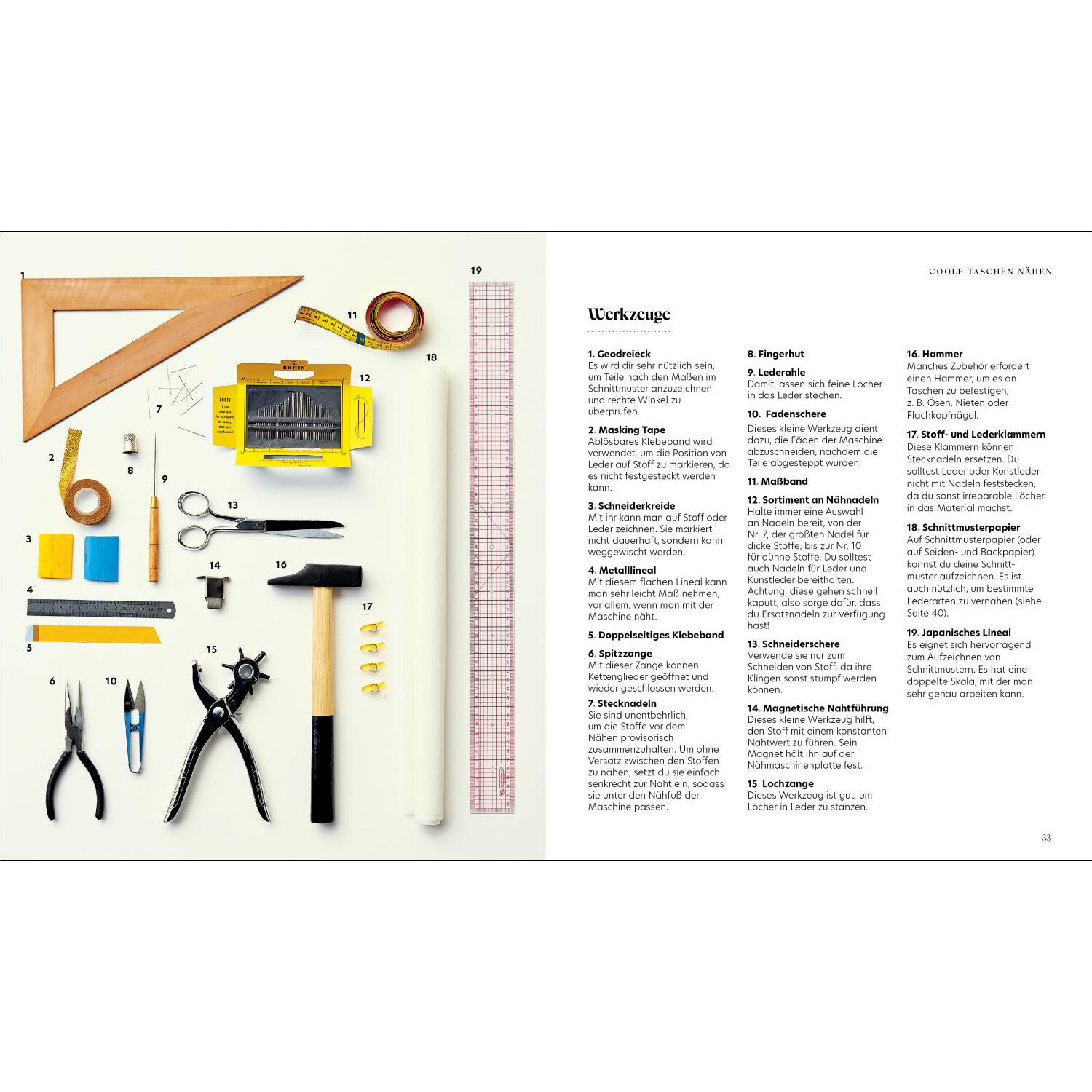 Kleine kreative Auszeit: Coole Taschen nähen. Werkzeuge auf hellem Hintergrund, inklusive Lineal, Schere und Zange. Christophorus Verlag.