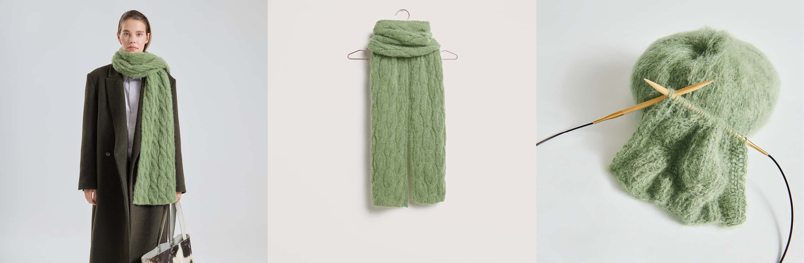 Gestrickter Schal Modell 09 aus Made by Me No. 21 getragen an weiblichem Model und auf einem Bügel. Daneben Wollknäuel in Grün und Strickstück auf Stricknadeln.