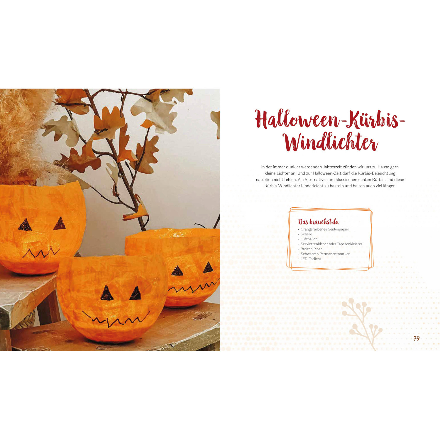 Herbstbasteln mit Kindern von Christophorus Verlag in der Christan Verlag Herbstbasteln mit Kindern: Orange Kürbis-Windlichter auf Holzregal, ideal für Halloween-Deko.