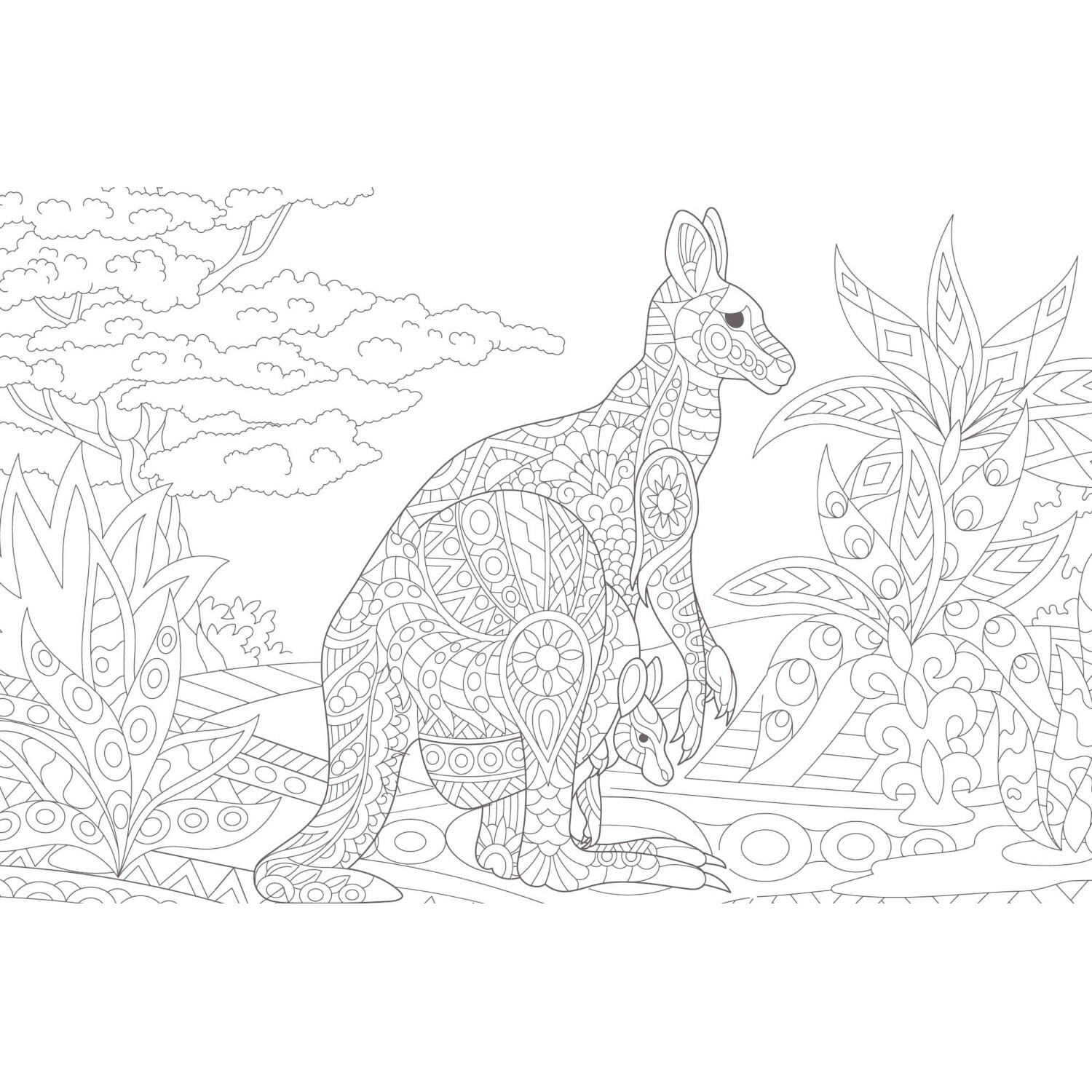Colorful Mandala - Tierisch verliebt: Detailliertes Känguru-Malbild in natürlicher Umgebung.