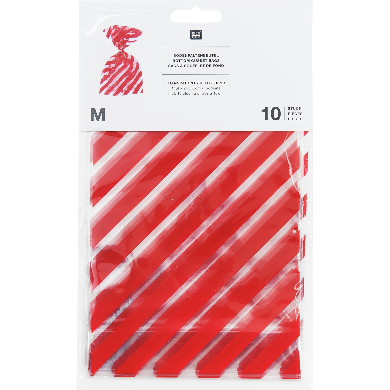 Kekstüten Rote Streifen, 10 Stück von Rico Design, mit auffälligem roten Streifenmuster.