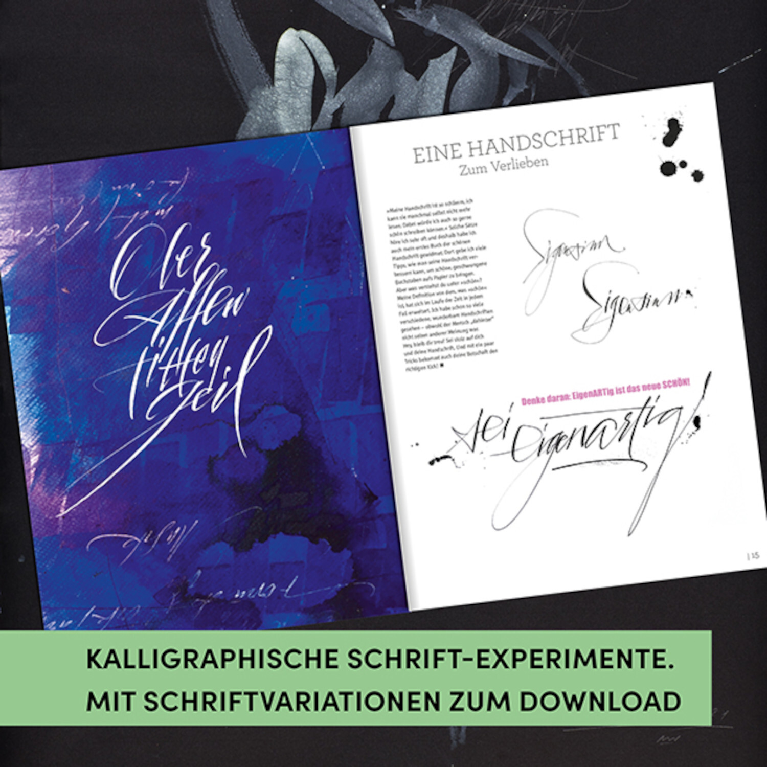 SchreibART: Kalligrafische Schrift-Experimente auf blauem Hintergrund mit Schriftvariationen.
