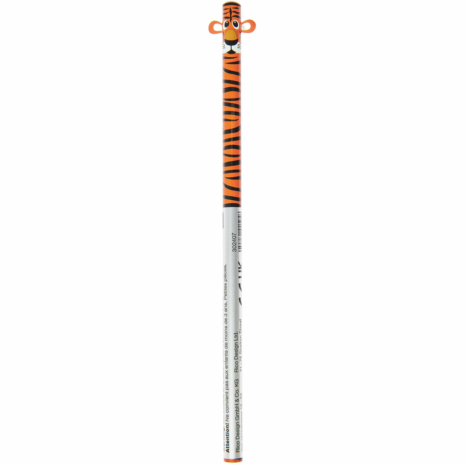 Bleistift Tiger mit Tigerstreifen-Design, von Rico Design. Der Bleistift ist in leuchtendem Orange gehalten.
