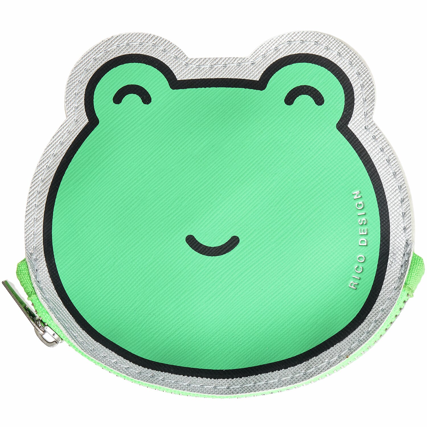 Portmonnaie Chingu Frosch in Froschform, grün mit grauem Rand, von Rico Design, 11x10,5cm.