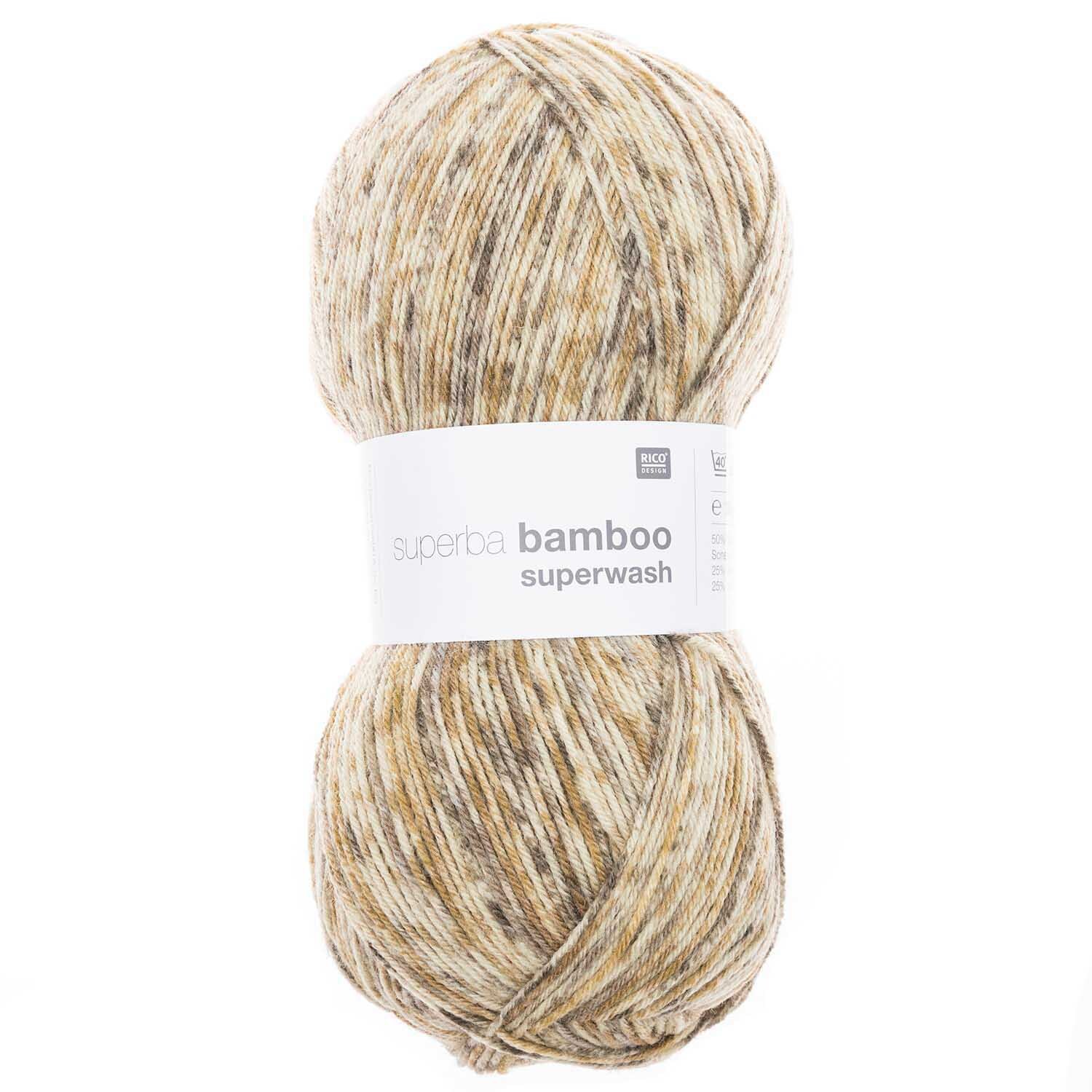 Superba Bamboo superwash 100g 420m Farbe Beige-Braun Mix von Rico Design Superba Bamboo superwash, 100g 420m, in Beige-Braun Mix. Hochwertiges Garn für Strickprojekte. Ideal für weiche, langlebige Textilien.