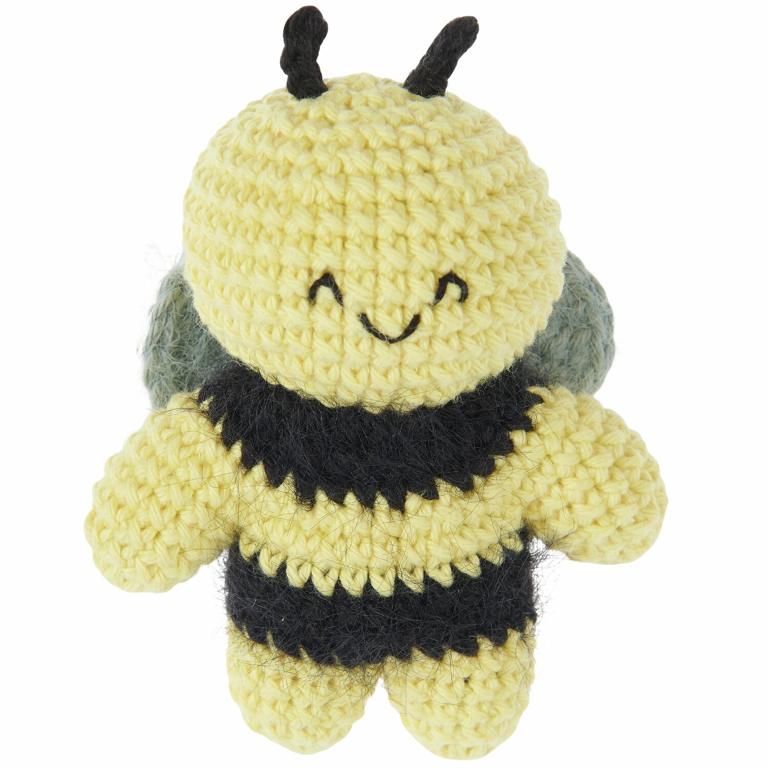 Ricorumi Häkelset Schlüsselanhänger - Chingu Sky: Gelbe, gehäkelte Biene von Rico Design mit schwarzen Streifen und Flügeln.