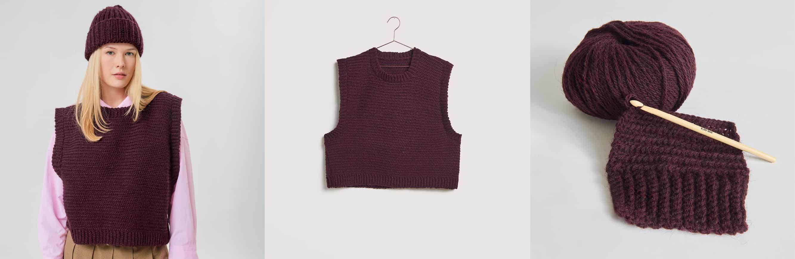 Gehäkelter Pullunder Modell 27 aus Made by Me No. 21 getragen an weiblichem Model und auf einem Bügel. Daneben Wollknäuel in Bordeaux und Häkelstück an einer Häkelnadel. 
