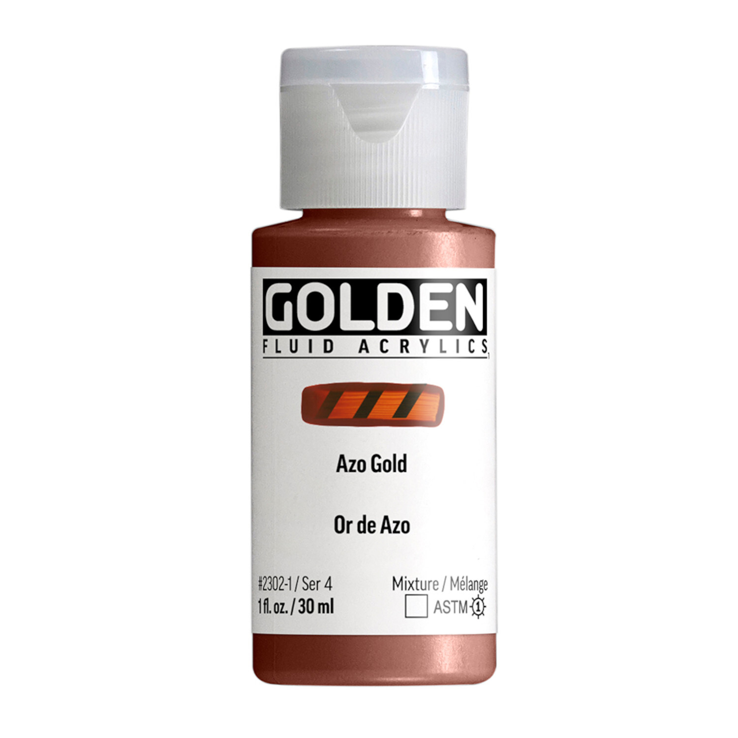 Golden Fluid Acrylfarbe, Azo Gold, 30ml Flasche. Hochwertige, flüssige Acrylfarbe für Künstler.