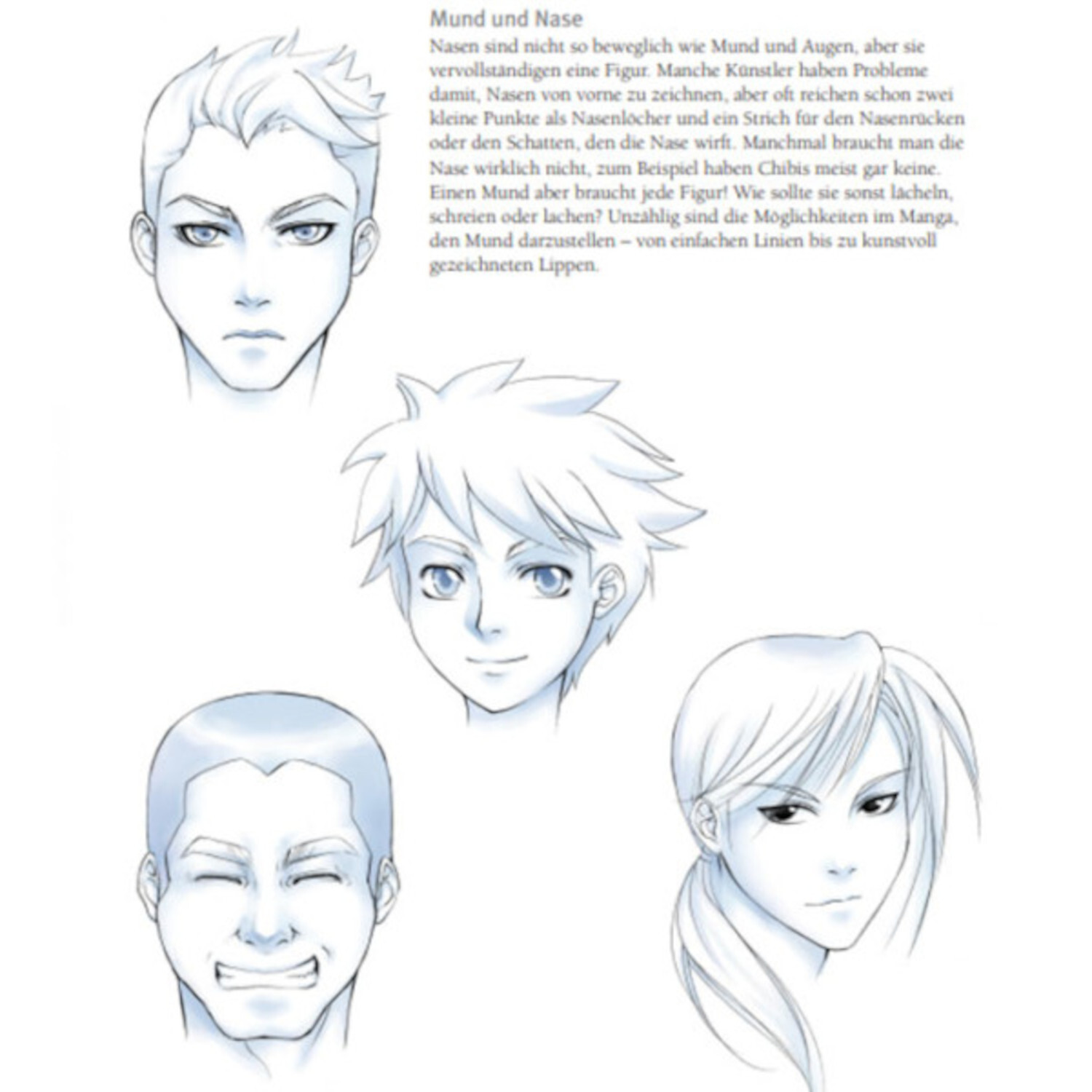 Die Kunst des Zeichnens - 15 Minuten Manga: Vier Manga-Gesichter in Blau, detailliert gezeichnet.