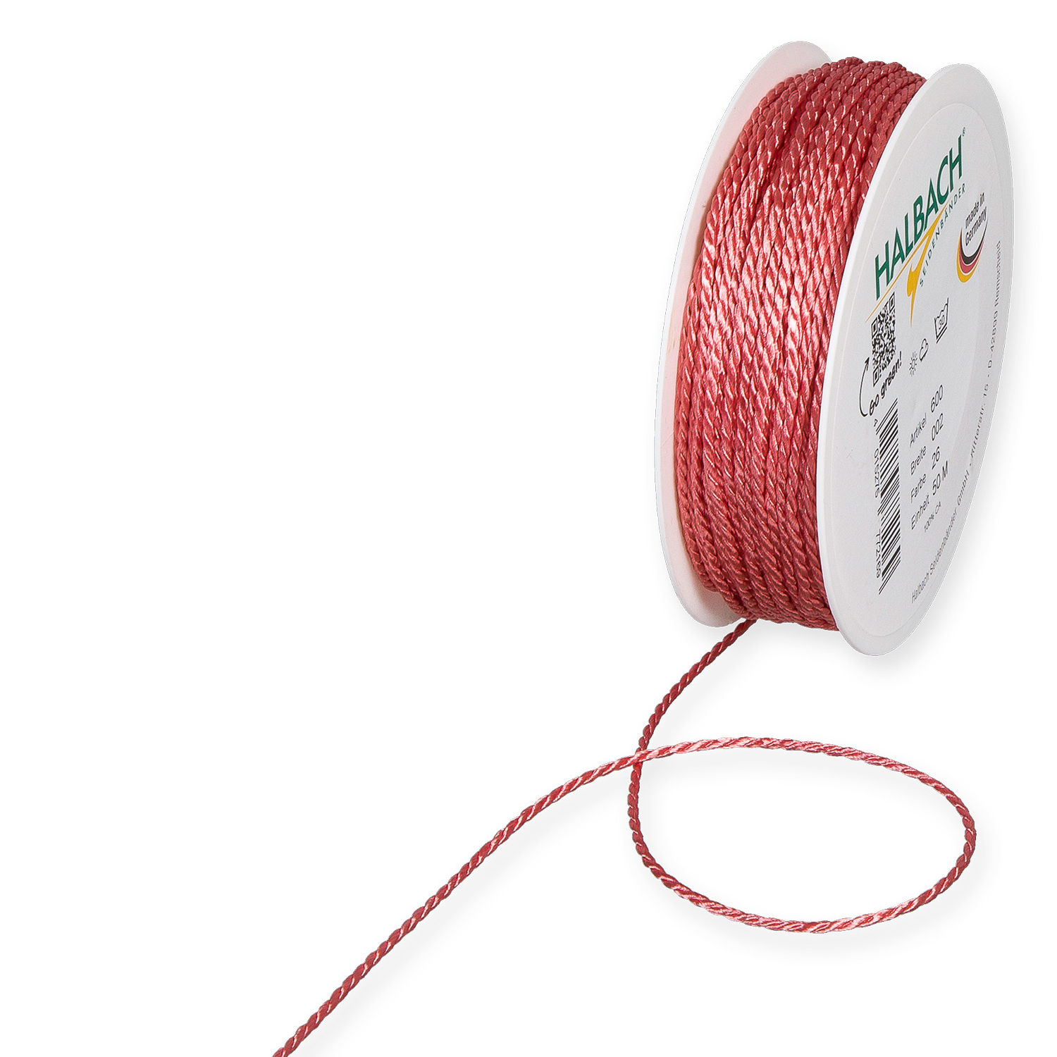 Kordel 2mm 10m, Flamingo: Hochwertige Halbach-Kordel in Rosa auf Spule, ideal für kreative Projekte.