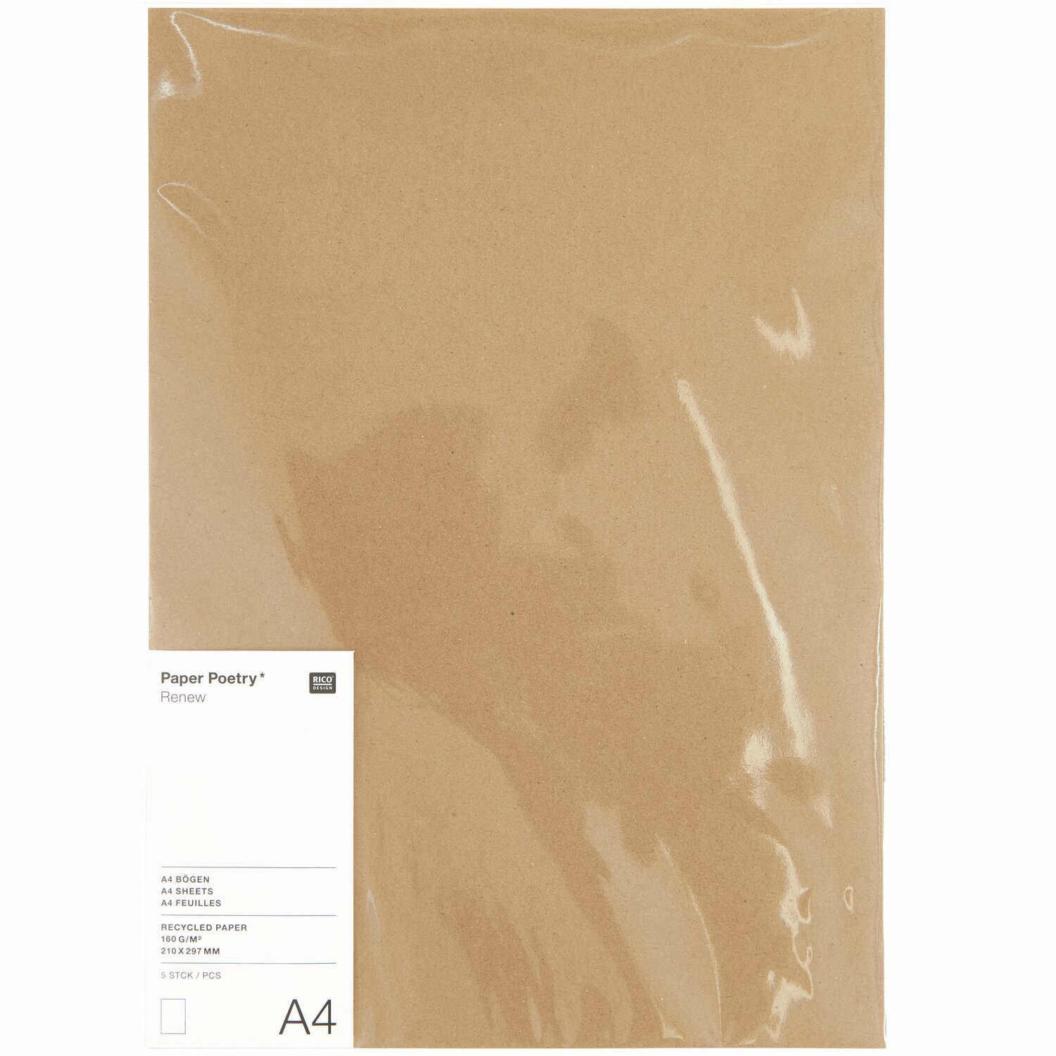 Paper Poetry Renew Bögen A4, 5 Stück Kraftpapier von Rico Design, ideal für kreative Projekte.