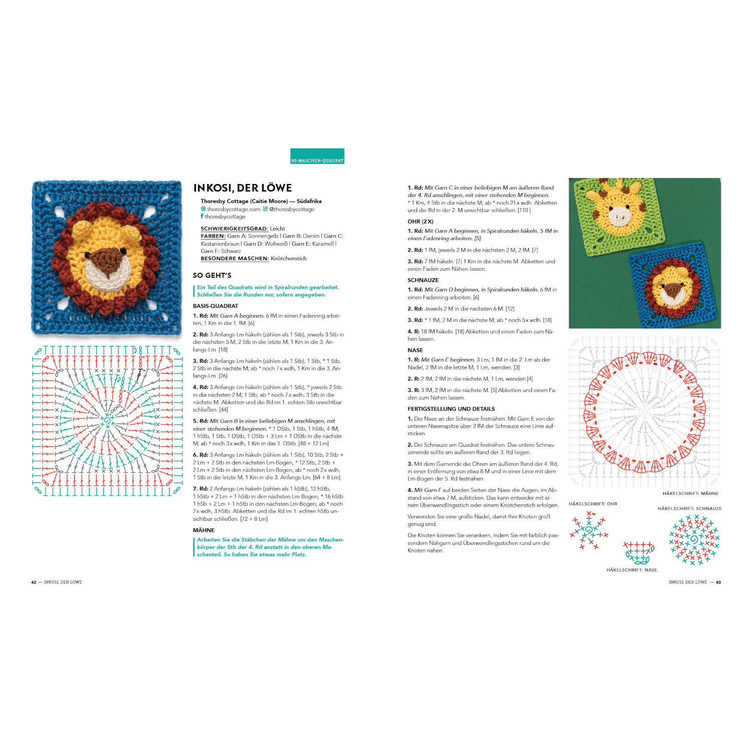 Musterbibel Granny Squares: Doppelseite mit Häkelanleitungen und bunten Löwenmotiven von EMF.