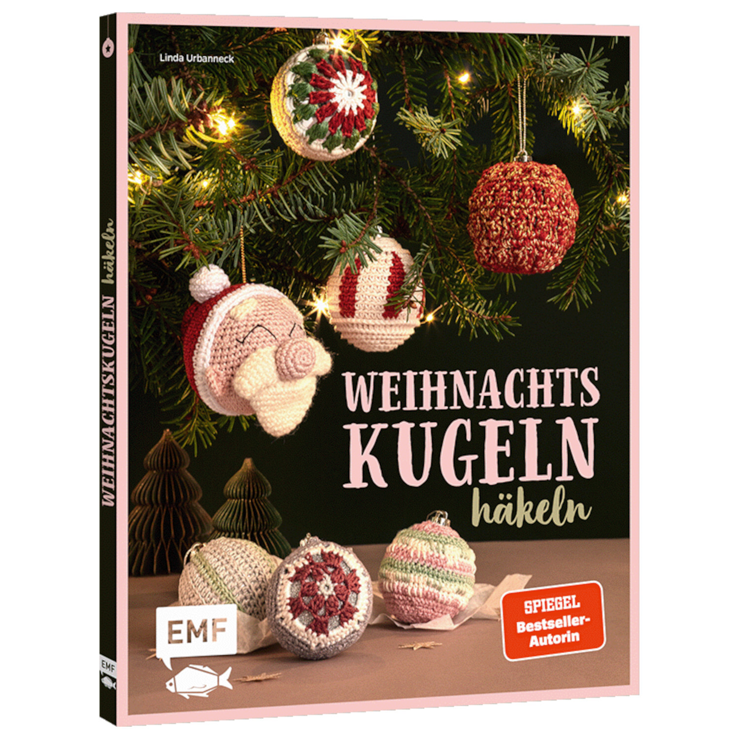 Weihnachtskugeln häkeln: Kreative DIY-Ideen für festliche Dekorationen. Buch von EMF mit bunten Häkelkugeln am Weihnachtsbaum.