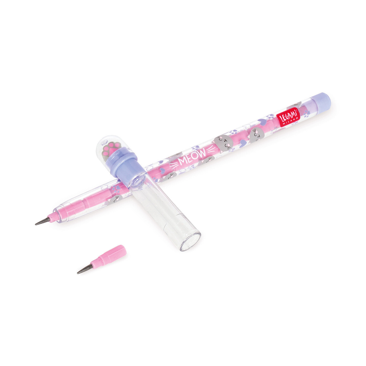 Stackable Pencils, Kitty: Rosa und lila Bleistift von Legami mit Katzenmotiv, ideal für Schule und Büro.