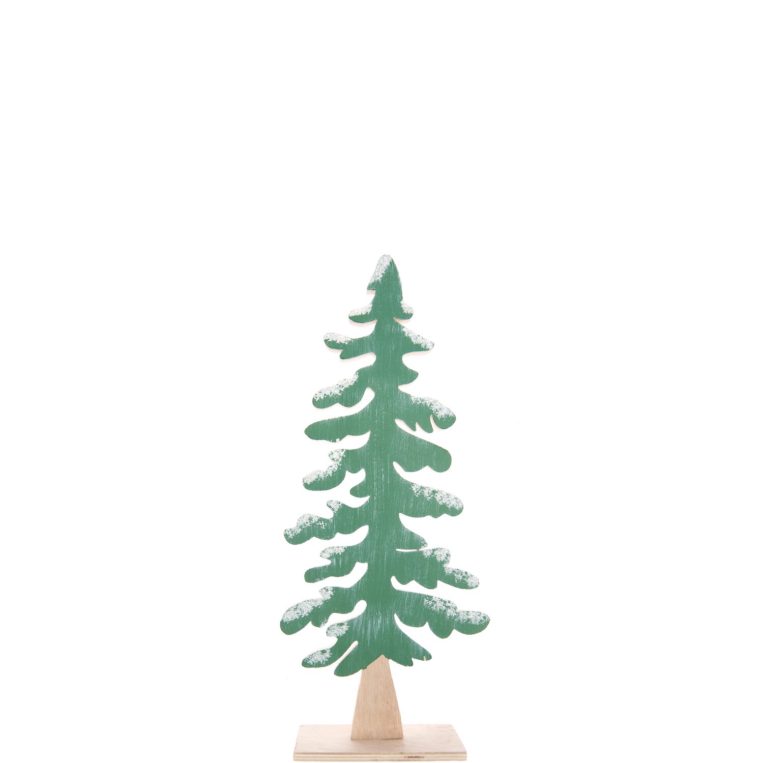 Holztanne mit Schnee grün: Dekorative grüne Tanne aus Holz mit Schneeeffekt, ideal für festliche Dekorationen.