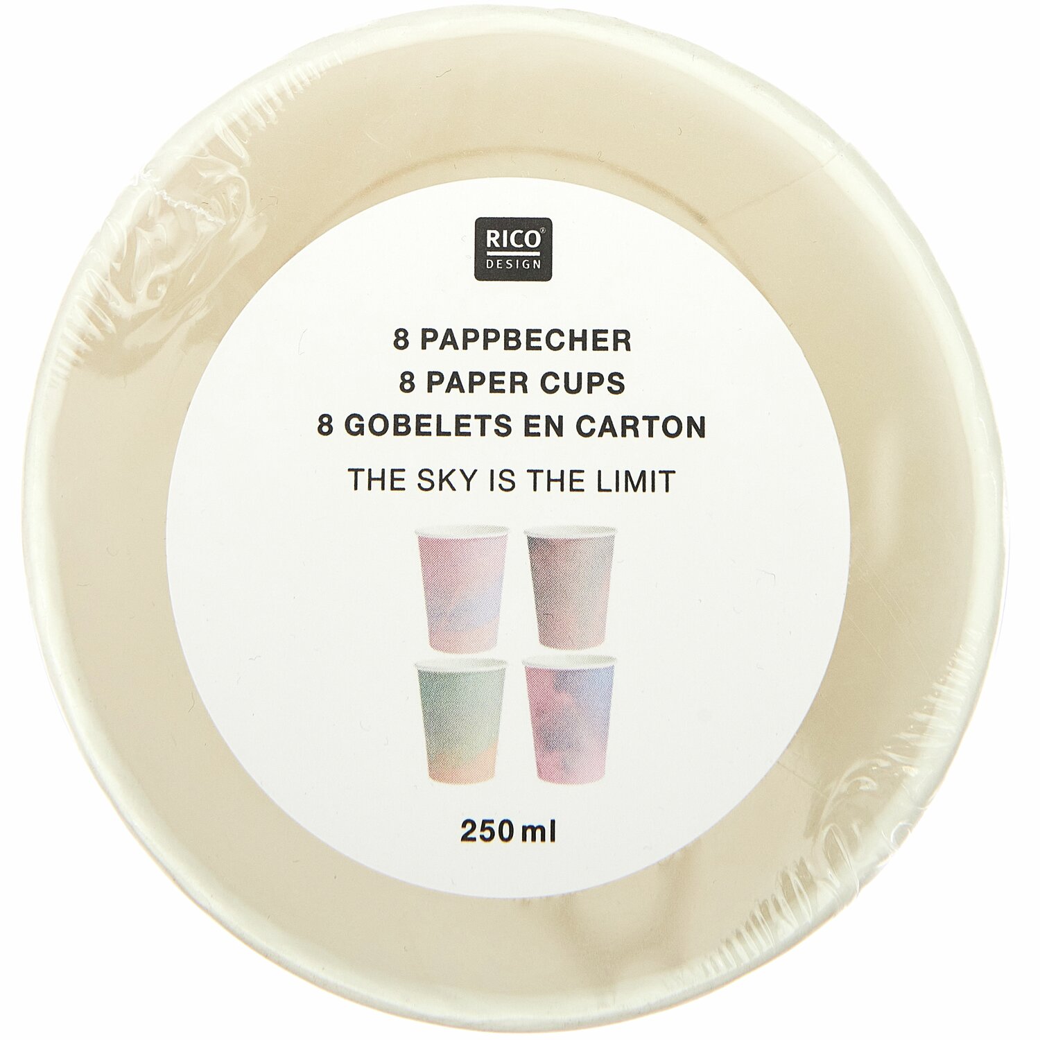Pappbecher Mix The Sky is the Limit, 8 Stück, 250ml, von Rico Design. Pastellfarbene Becher in Plastikverpackung.