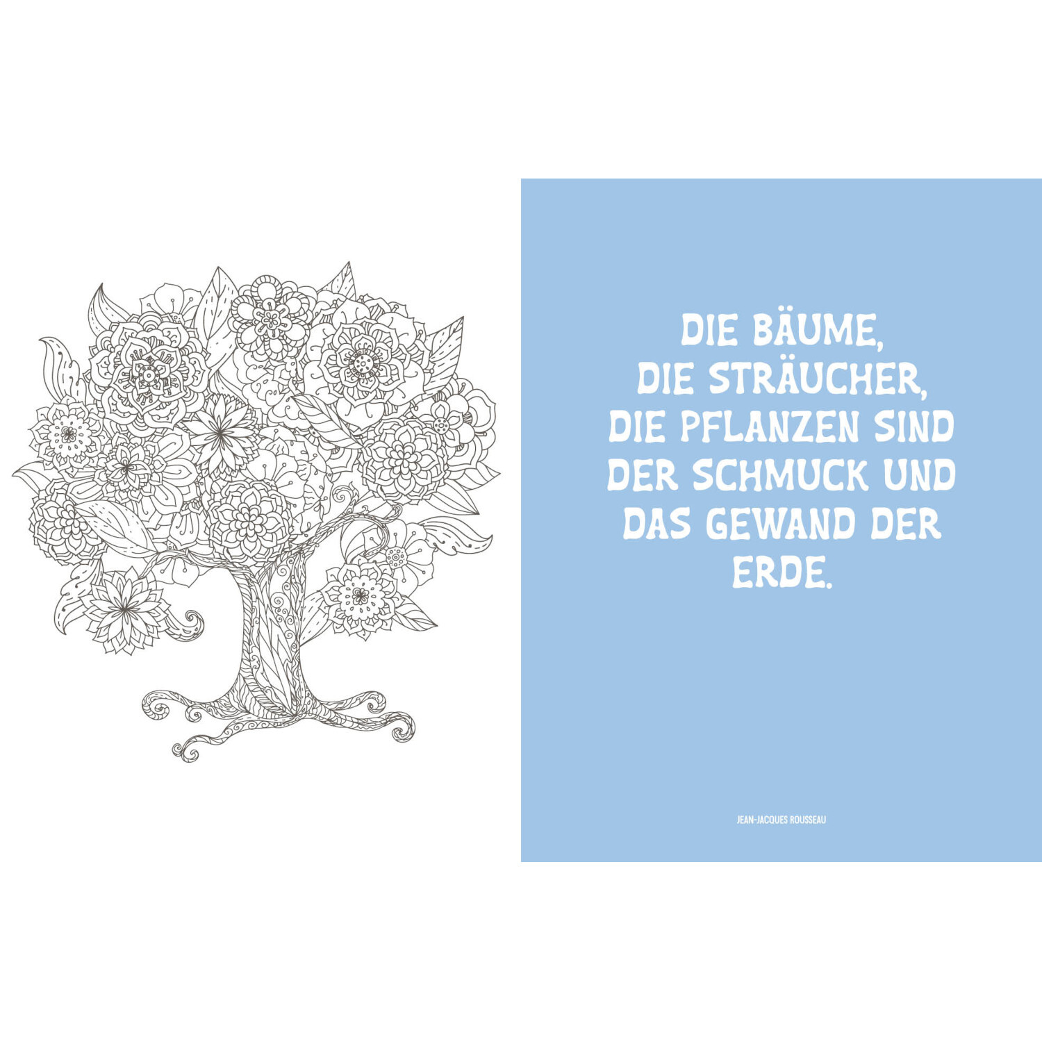Colorful Mandala Botanischer Garten: Schwarz-weißer Baum mit floralen Mustern, Zitat auf blauem Hintergrund.