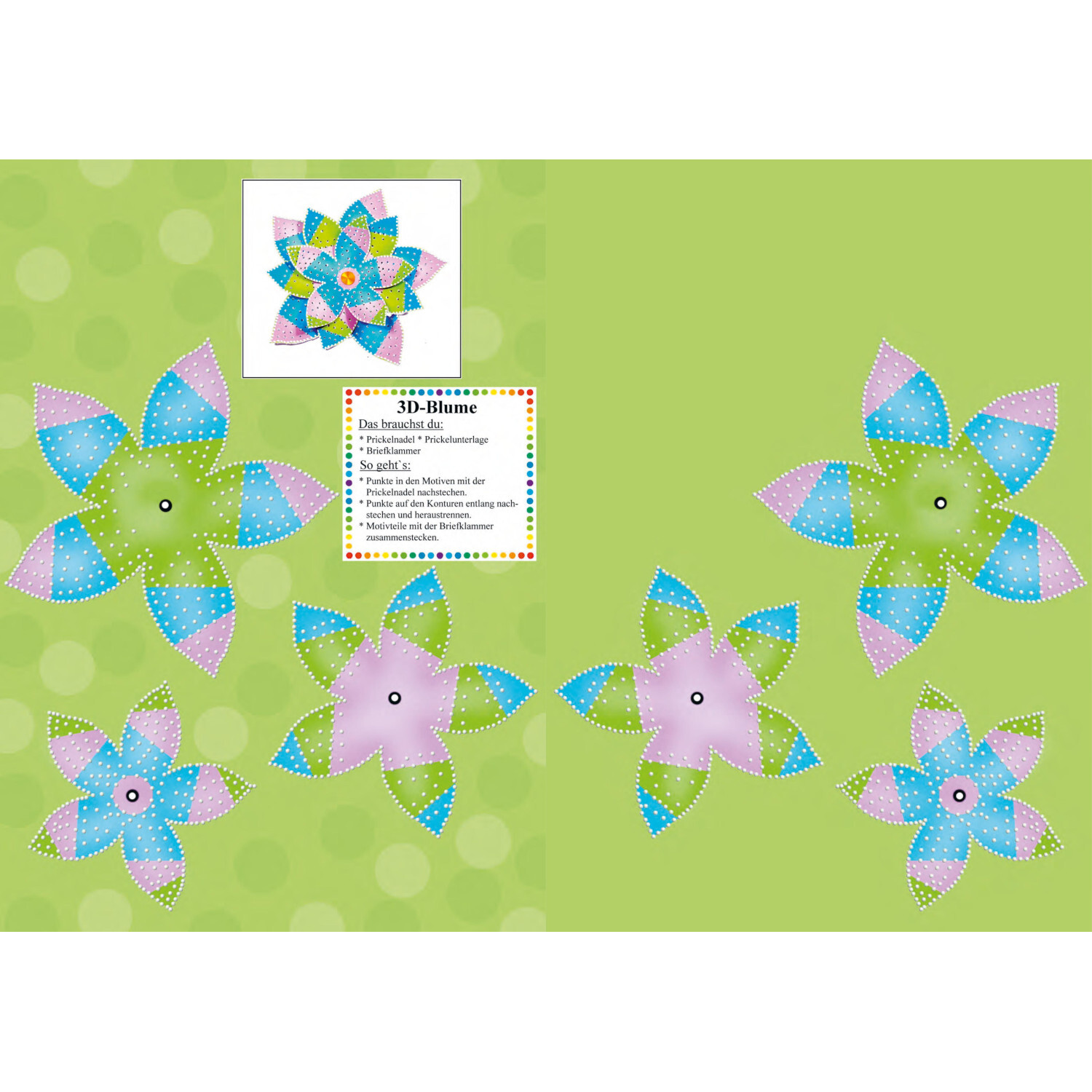Mein Prickel-Bastelbuch: Bunte 3D-Blumen auf grünem Hintergrund, ideal für kreative Bastelprojekte.