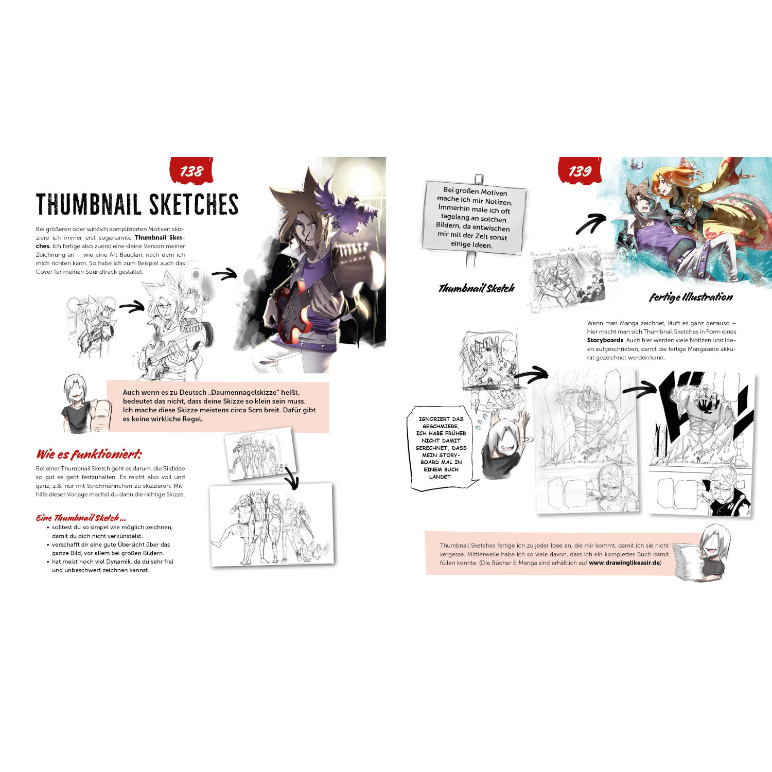 Manga -Zeichnen like a Sir von Edition Michael Fischer Manga -Zeichnen like a Sir: Doppelseite mit Skizzen und Illustrationen, zeigt kreative Prozesse.