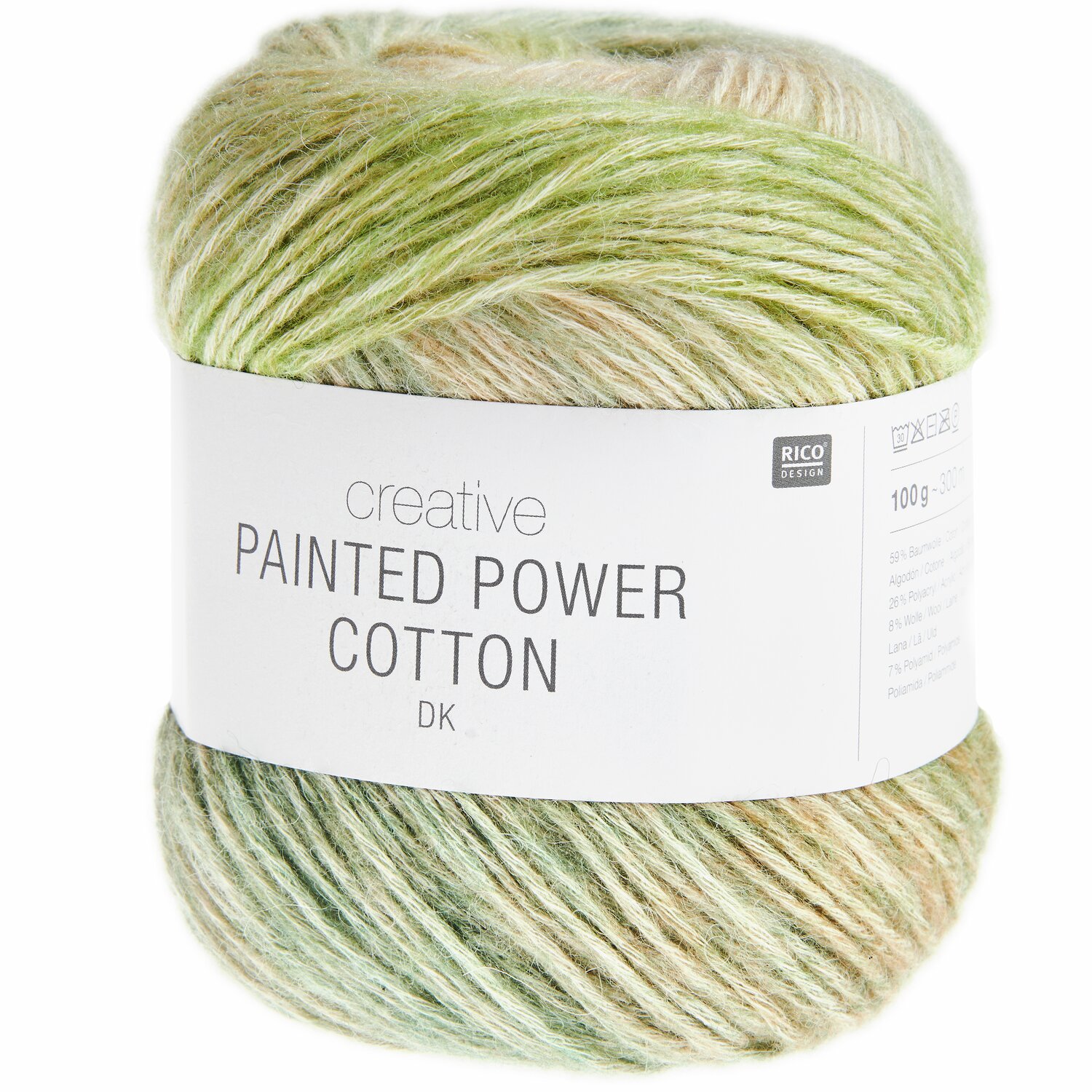 Creative Painted Power Cotton dk, 100g 300m, in sanften Grün- und Beigetönen von Rico Design. Ideal für Strickprojekte.
