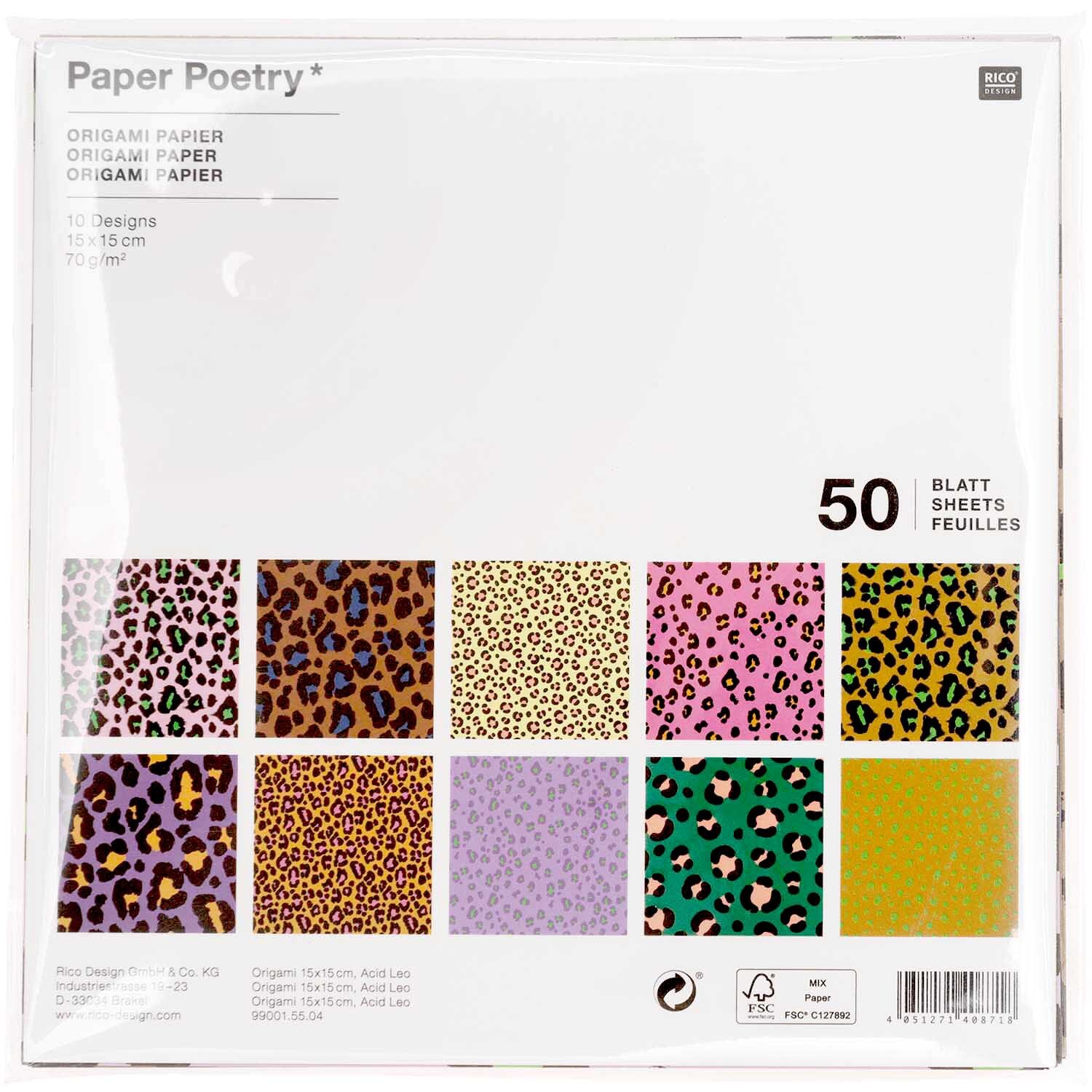 Paper Poetry Origami Acid Leo 15x15cm 50 Blatt zeigt bunte Leopardenmuster in verschiedenen Farben. Ideal für kreative Bastelprojekte.