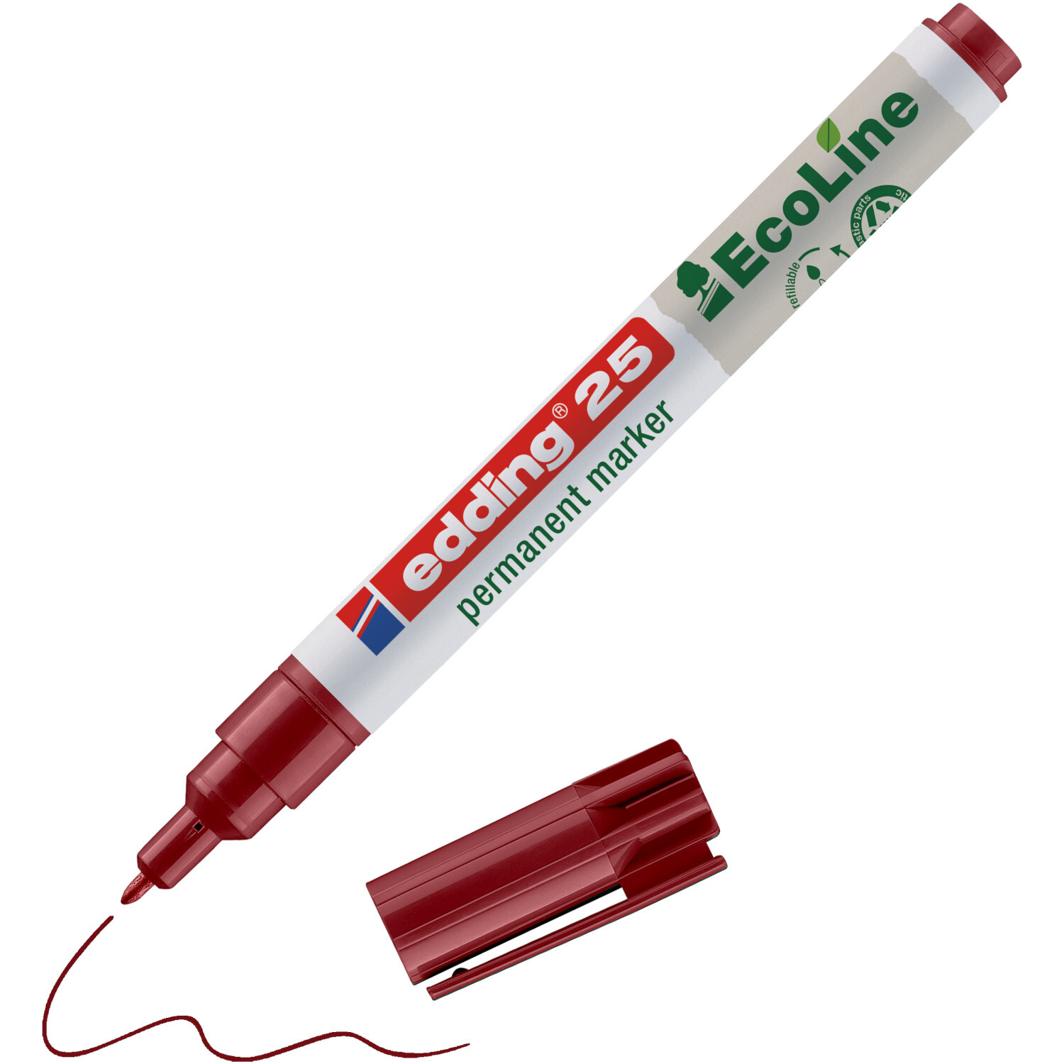 25 EcoLine Permanentmarker 1mm Farbe Rot von edding International 25 EcoLine Permanentmarker 1mm in Rot von edding, mit abnehmbarer Kappe, ideal für präzises Schreiben.