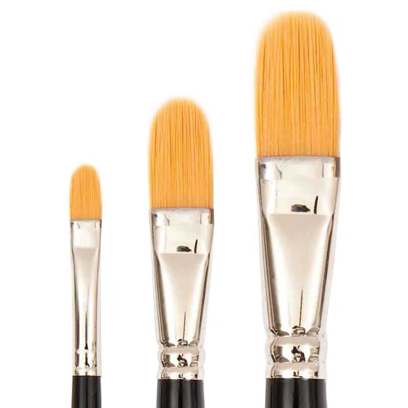 Fine Art Öl Synthetic Katzenzunge: Drei Pinsel mit orangefarbenen Borsten und schwarzem Griff von Rico Design. Ideal für präzises Malen.