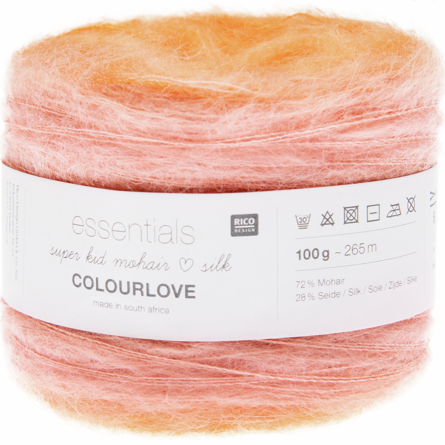 Essentials Super Kid Mohair Loves Silk Colourlove 100g 265m Farbe Lachs von Rico Design Essentials Super Kid Mohair Loves Silk Colourlove, lachsfarbenes Garn von Rico Design, 100g, 265m. Ideal für weiche, luxuriöse Strickprojekte.