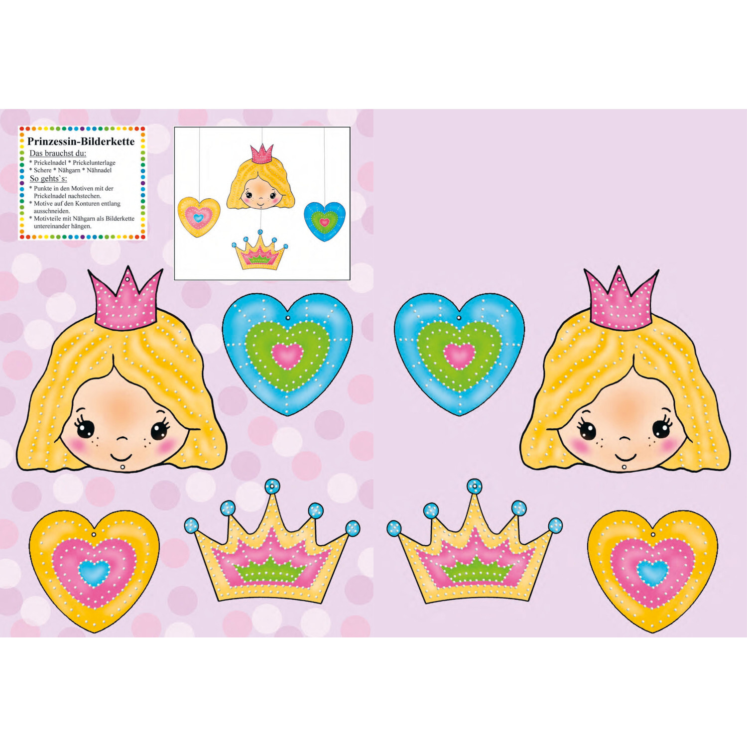 Mein Prickel-Bastelbuch: Bunte Bastelvorlagen mit Prinzessinnenmotiven und Herzen, ideal für kreative Kinderprojekte.
