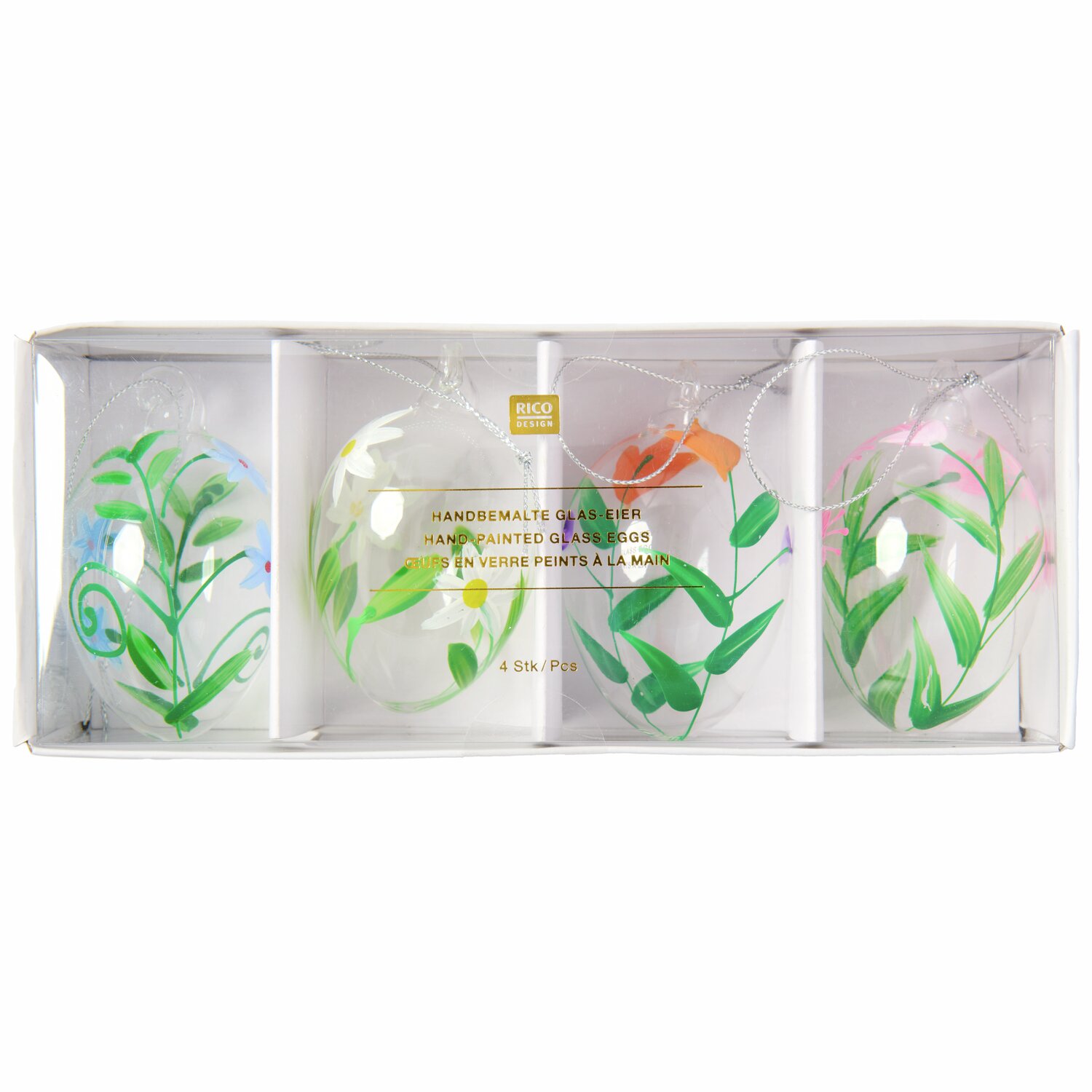 Glas Eier Blumenwiese handbemalt 4 Stück 8xØ4,5cm von Rico Design