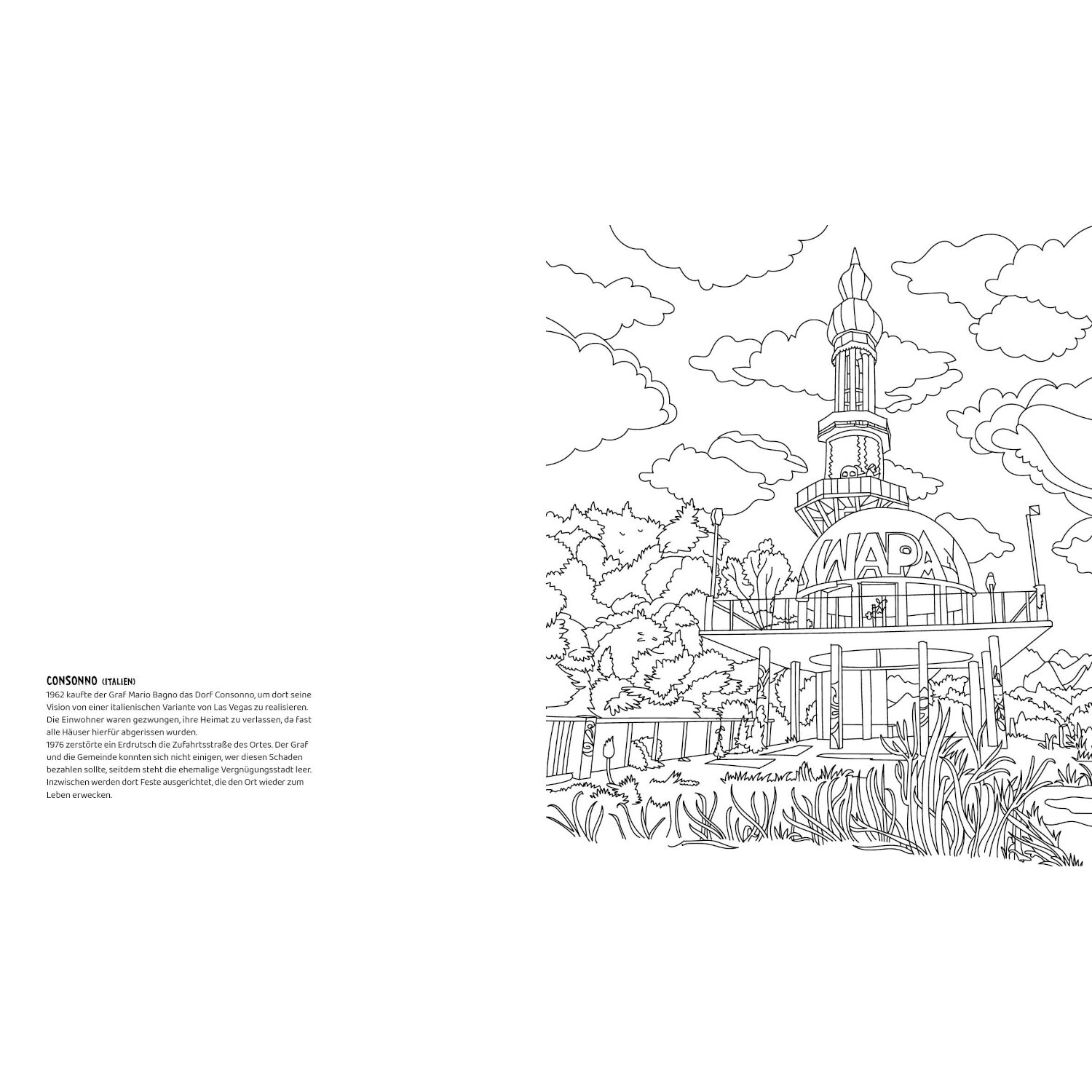 Colorful Lost Places – Verwunschene Orte zeigt eine detaillierte Zeichnung eines verlassenen Gebäudes mit Turm und Vegetation, ideal für Entdecker.