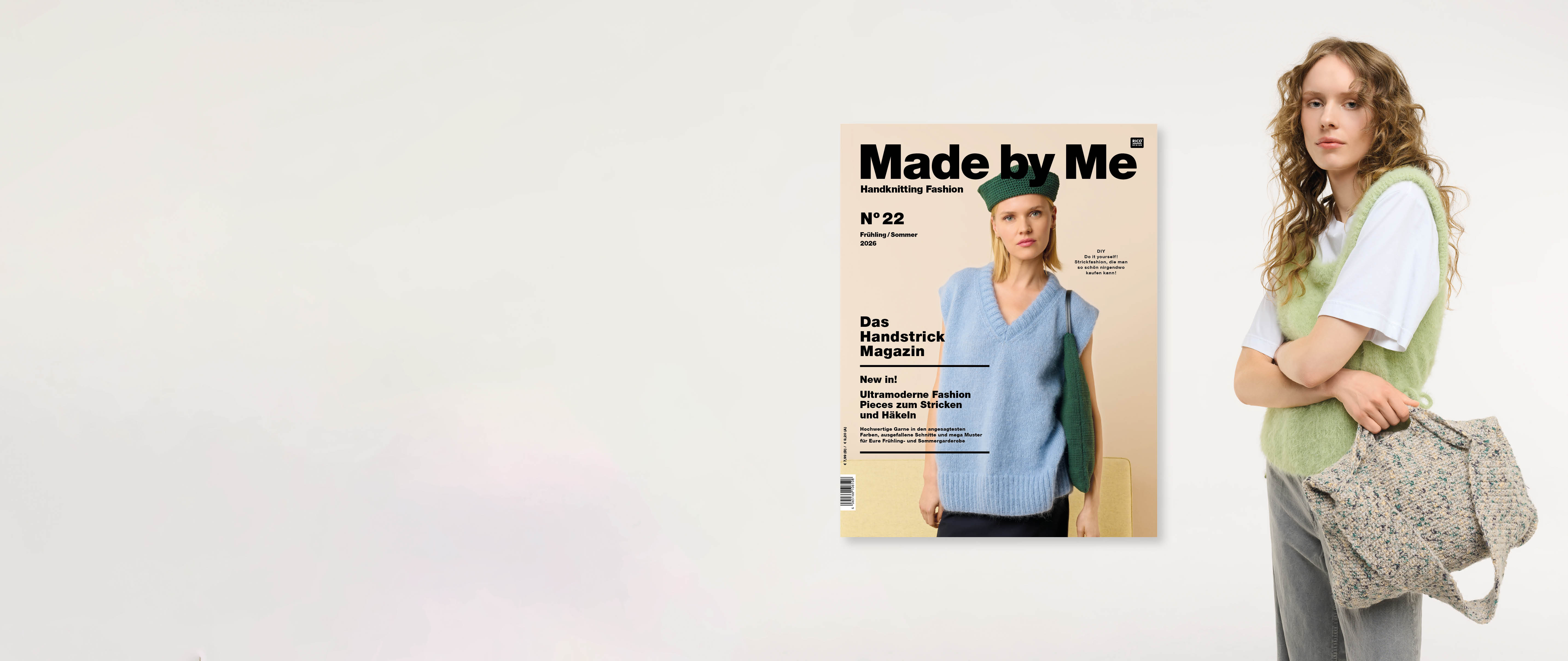 Frau trägt grünes Stricktop und Häkeltasche, daneben Cover Made by Me N° 22