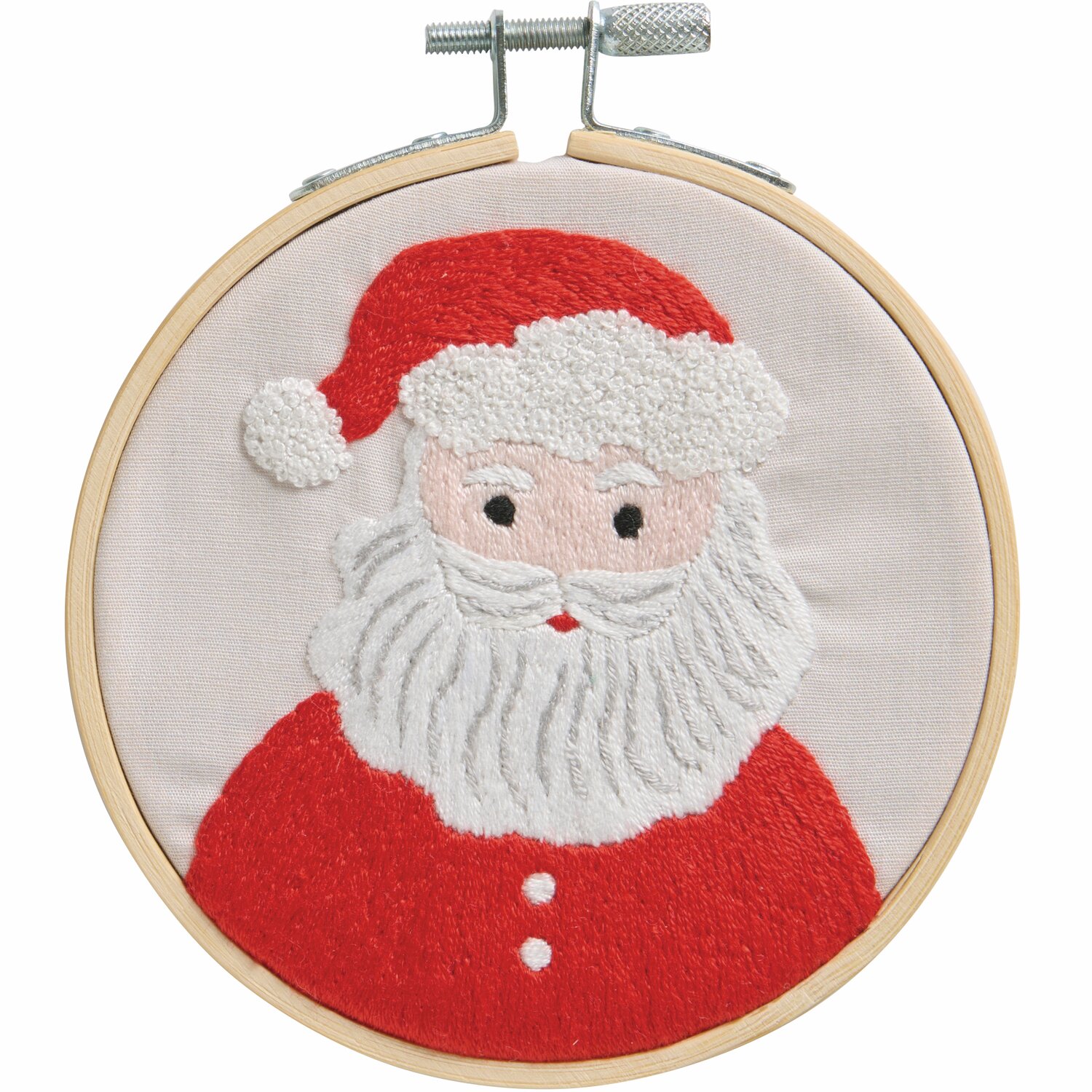Stickpackung Santa vorgezeichnet Stickpackung Santa vorgezeichnet zeigt einen gestickten Weihnachtsmann in Rot und Weiß, Ø10cm. Ideal für festliche Dekorationen.
