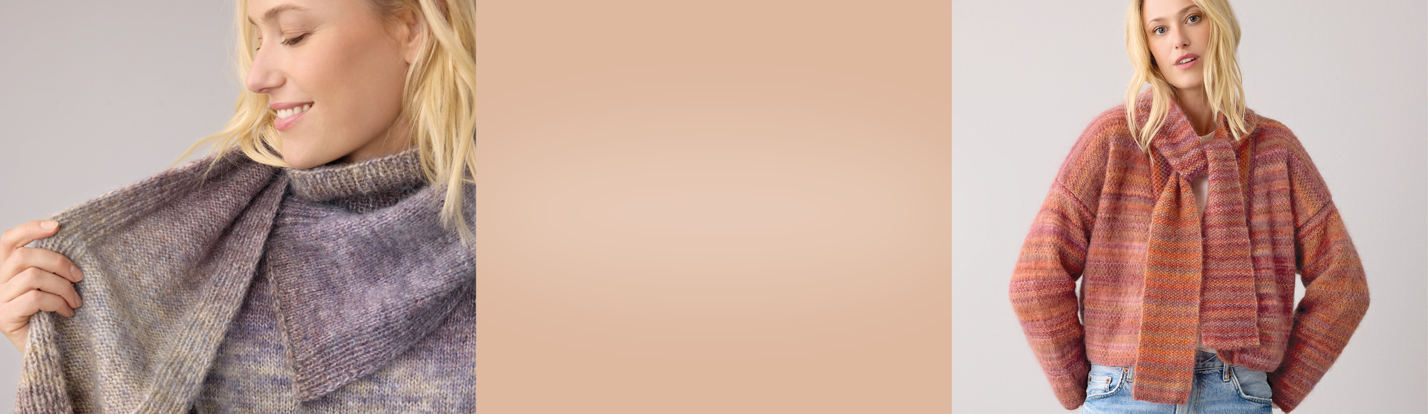 Eine Frau trägt einen gestrickten Pullover mit Schal-Kragen, daneben ein Farbausschnitt in Aprikose und daneben eine Frau mit einem orange-farbigen Cardigan und Schal.