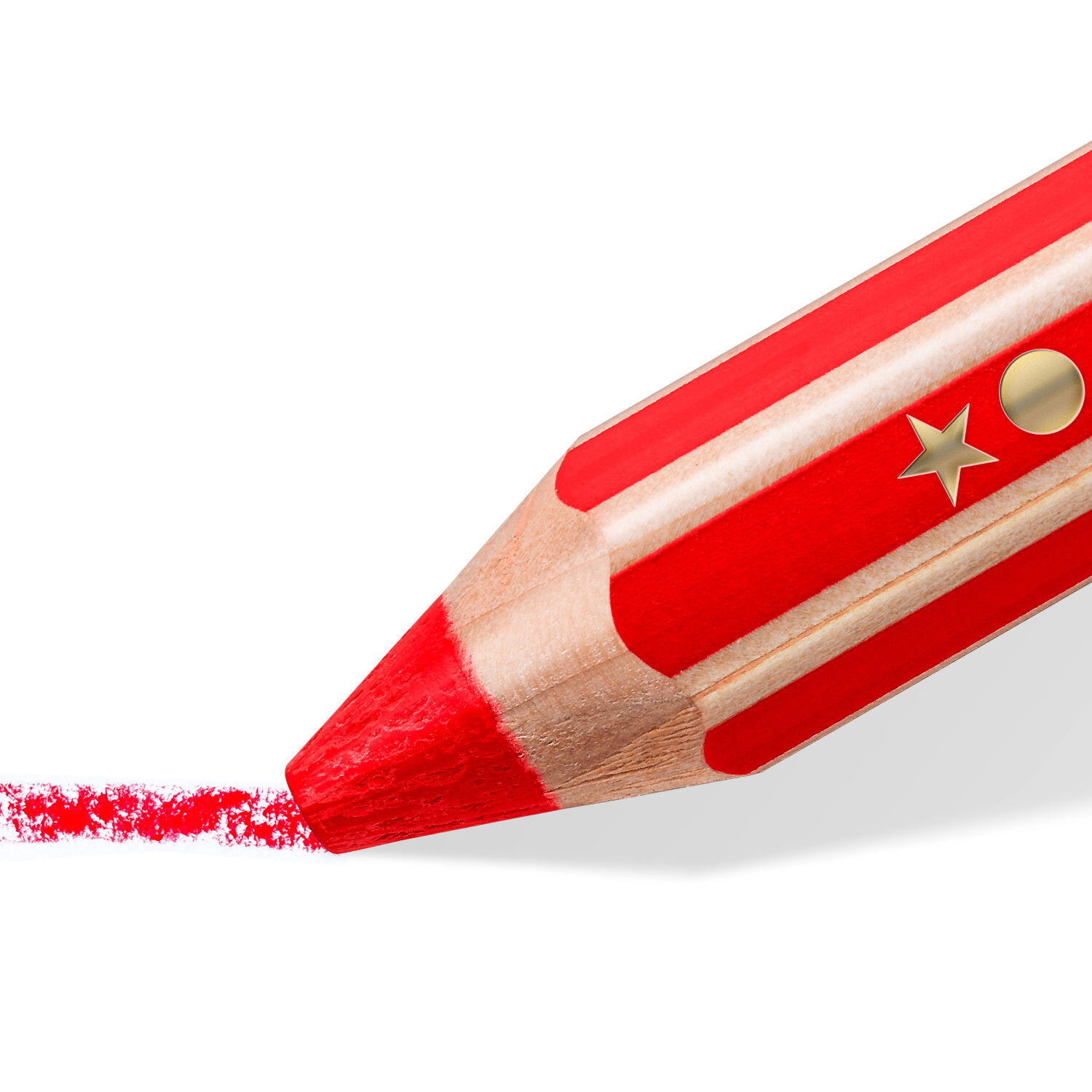 Noris Junior Buntstift Set 12 Stück, Staedtler, zeigt einen dicken rot gestreiften Buntstift mit goldenen Symbolen, der auf weißem Hintergrund eine leuchtend rote Linie zeichnet.
