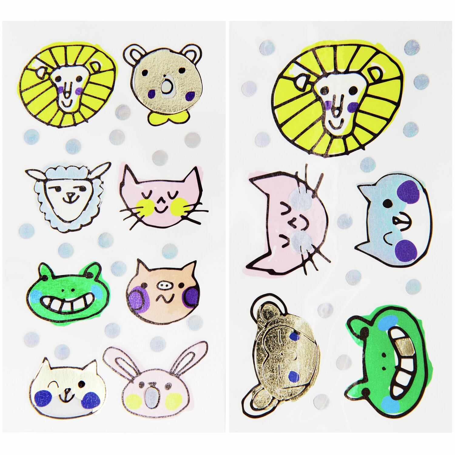 Tattoos Happy Animals, 42-teilig: Bunte Tiergesichter-Tattoos auf weißem Hintergrund mit Punkten.