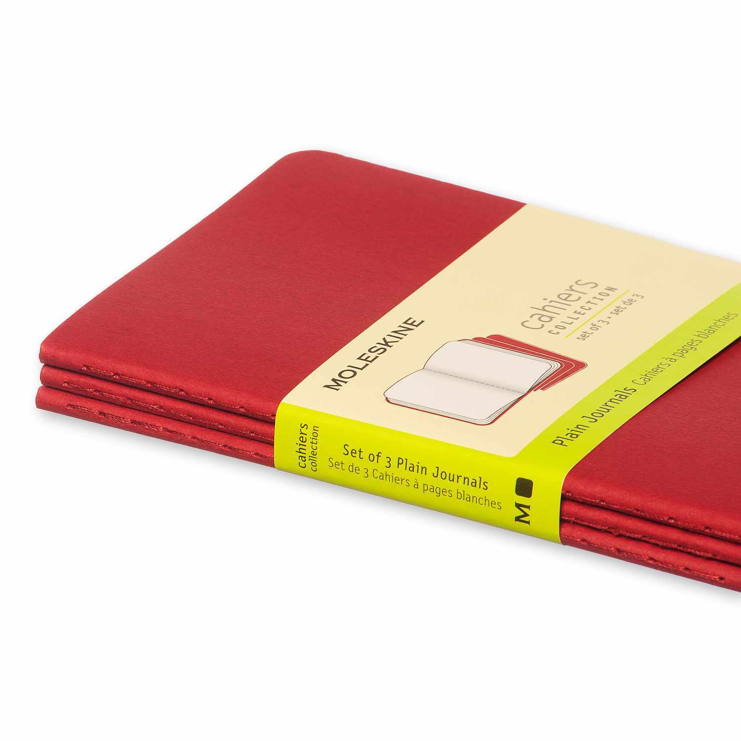 Notizbücher Cahier blanko Kartoneinband A6 3 Stück Farbe Preiselbeerrot von Moleskine Notizbücher Cahier blanko Kartoneinband A6 3 Stück in Preiselbeerrot von Moleskine, gestapelt.