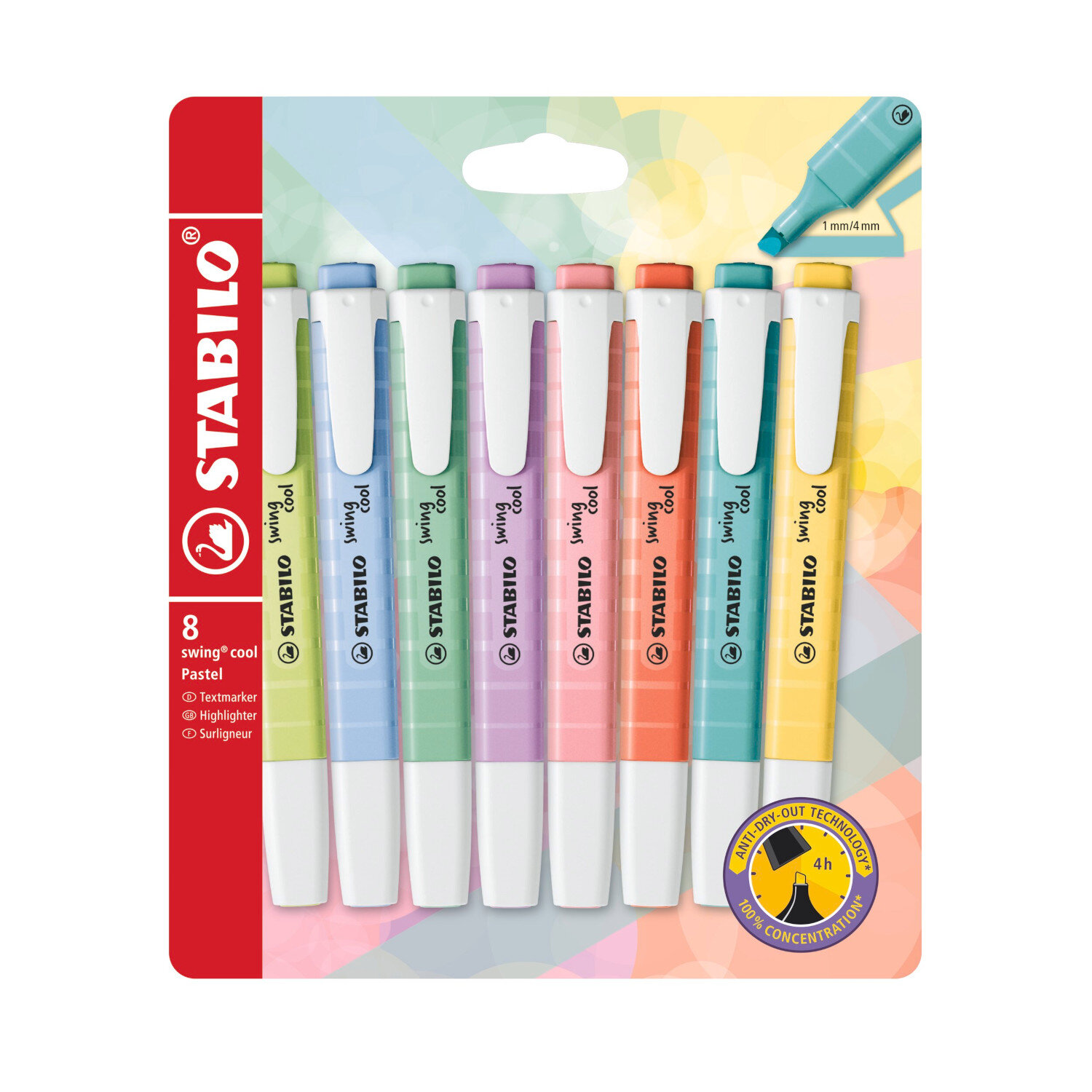 swing cool Pastell Textmarker 8 Stück in verschiedenen Farben von STABILO, ideal für präzises Markieren und kreatives Arbeiten.