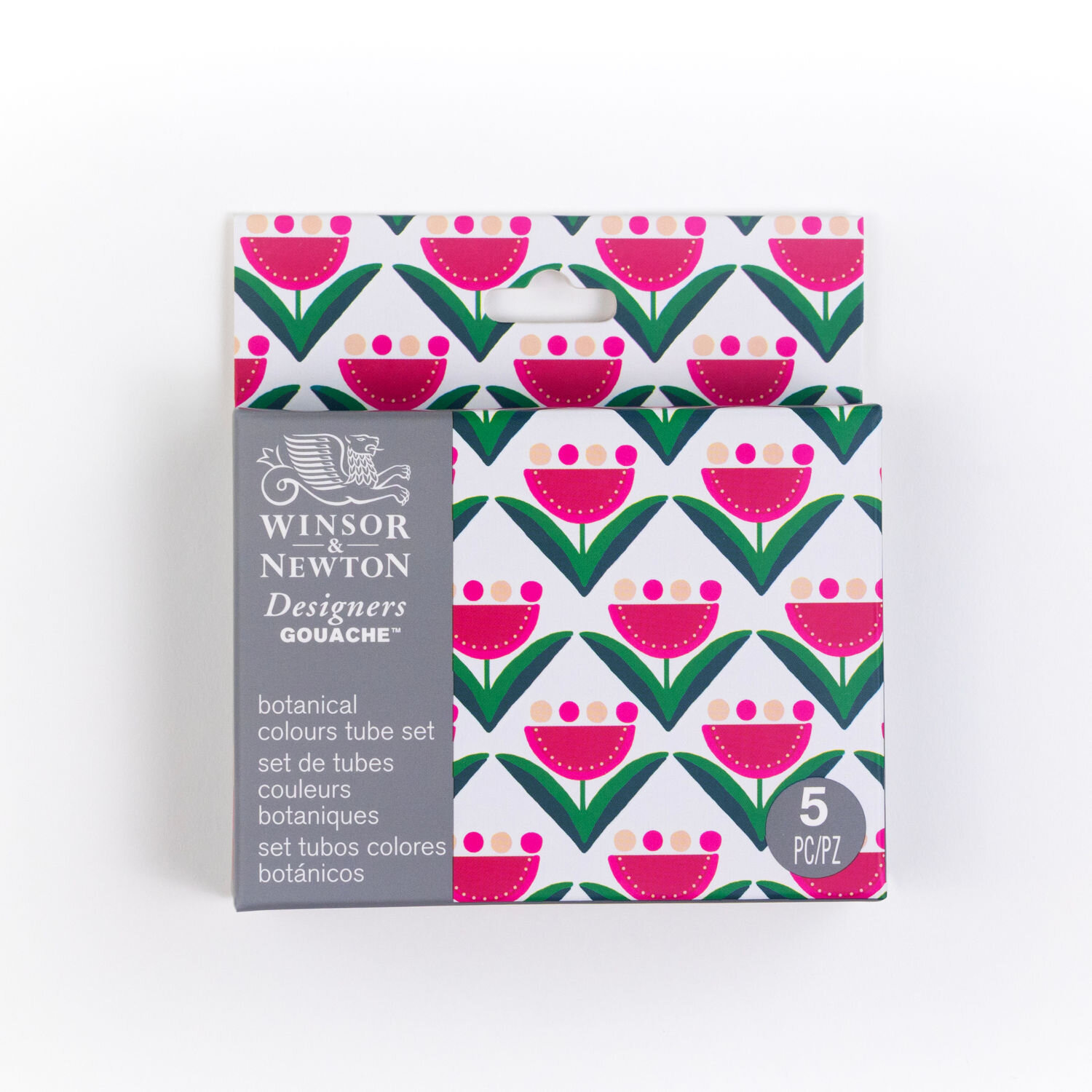 Designers Gouache Set Botanical, 5x14ml, von Winsor & Newton, Gouache-Farbtuben in Rosa- und Grüntönen in dekorativer Blumenverpackung für botanische Illustrationen