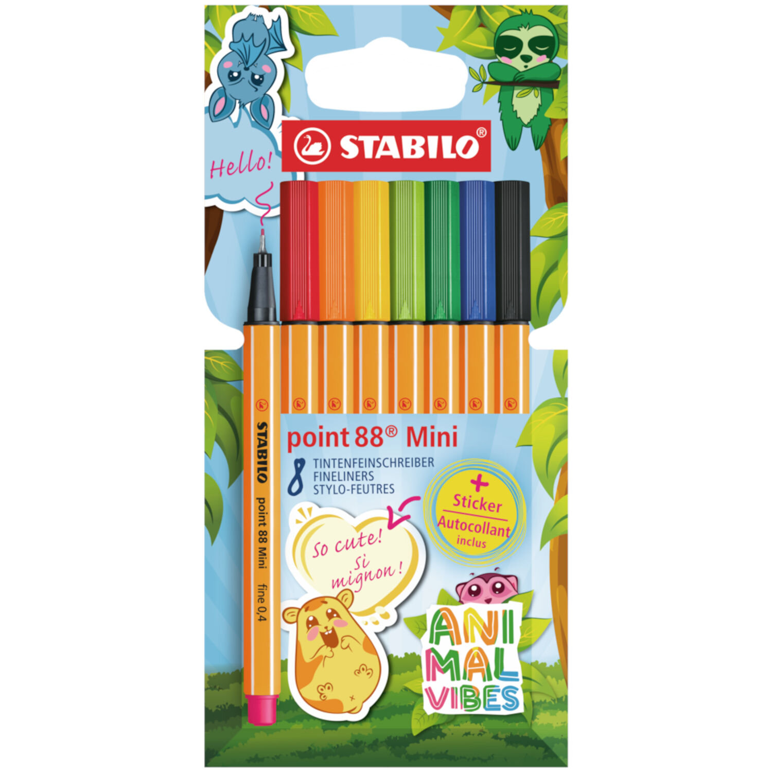 STABILO point 88 Mini Animal Vibes Set 8 Stück, bunte Fineliner mit Tiermotiven in kindgerechter Verpackung, ideal zum farbenfrohen Schreiben und Malen