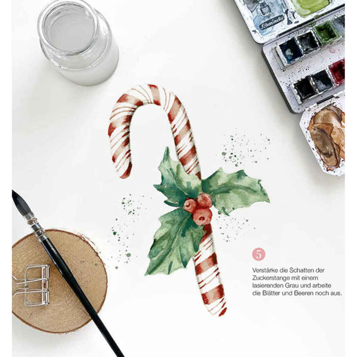 Watercolour Schritt für Schritt: Aquarell-Zuckerstange mit Stechpalmenblättern und Beeren.